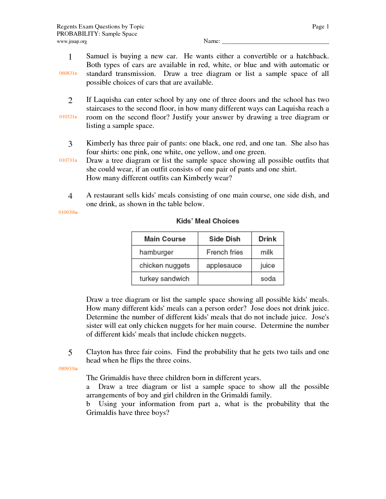 Probability Sample Space Worksheets Image