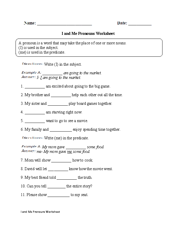 Pronouns I and Me Worksheet Image