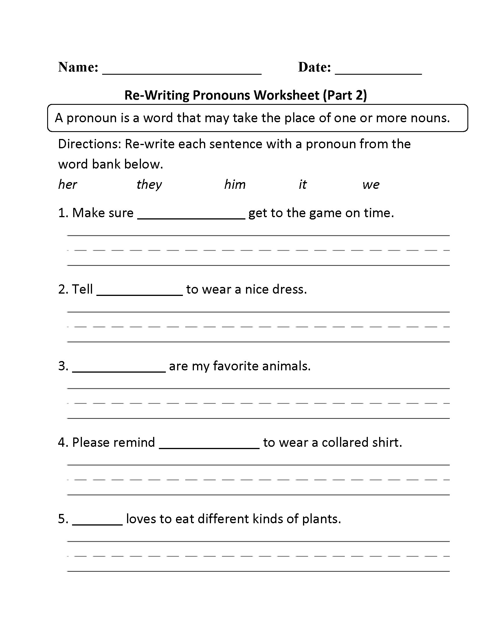 Worksheet On Pronouns for Grade 2 Image