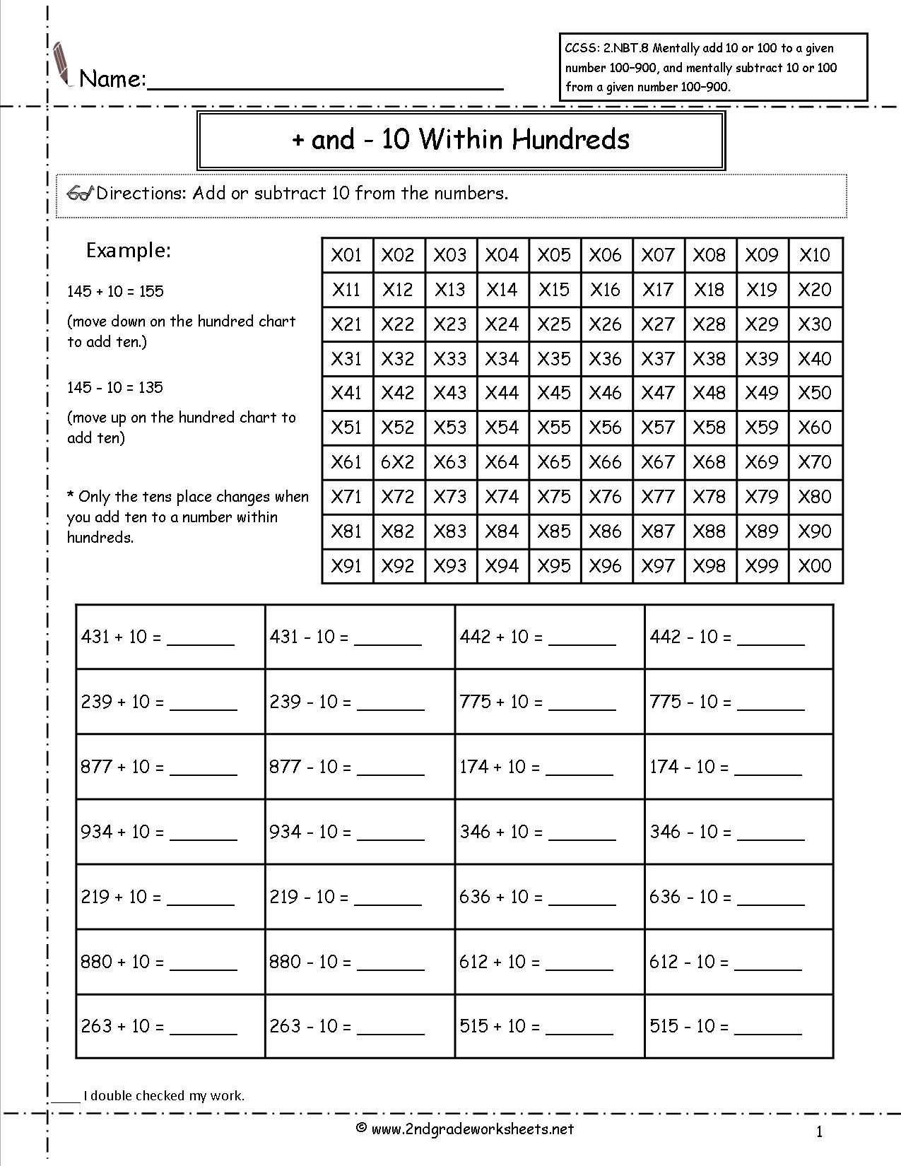 Adding and Subtracting 10 Worksheets Image