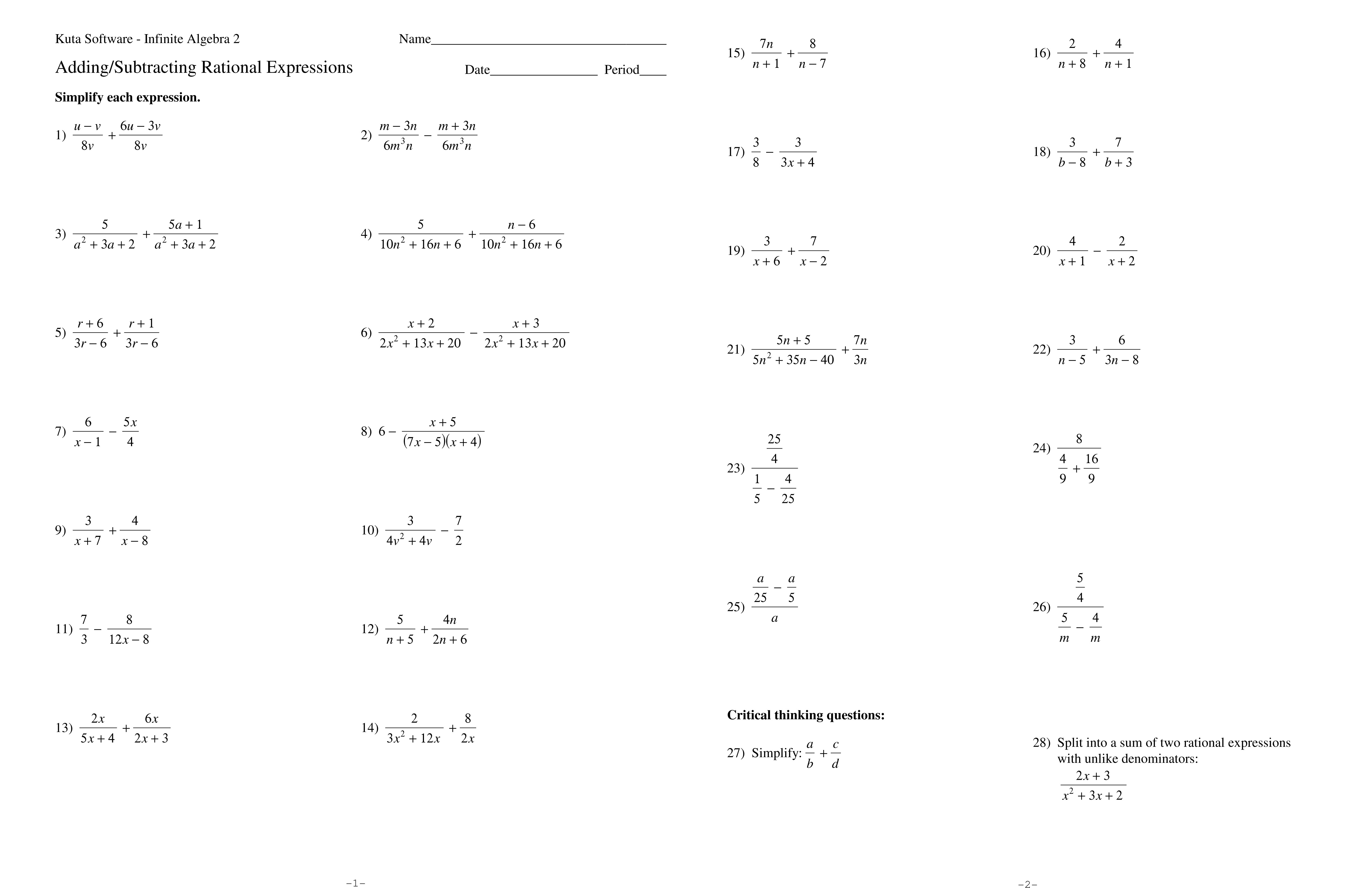 Adding Subtracting Rational Expressions Worksheet Answer