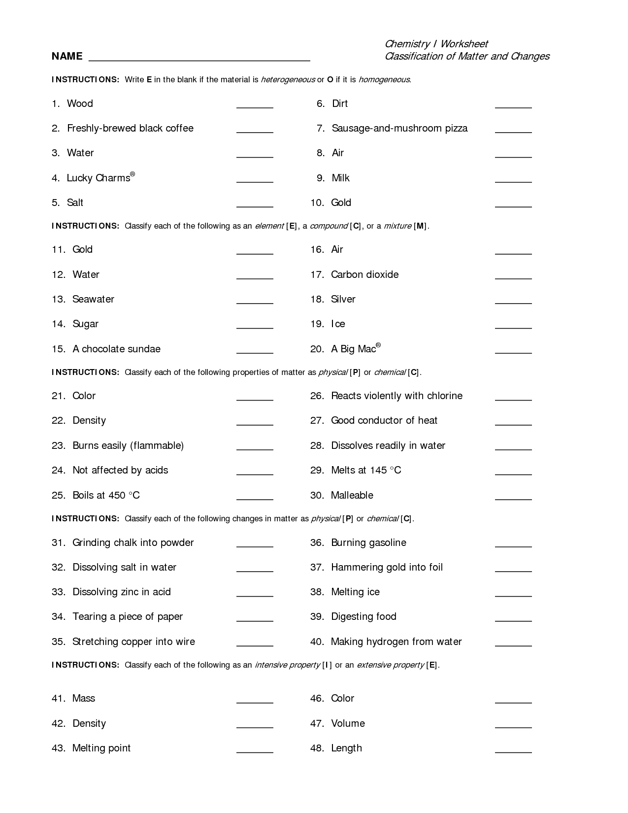 The nature of classification of matter worksheet with answers in education....