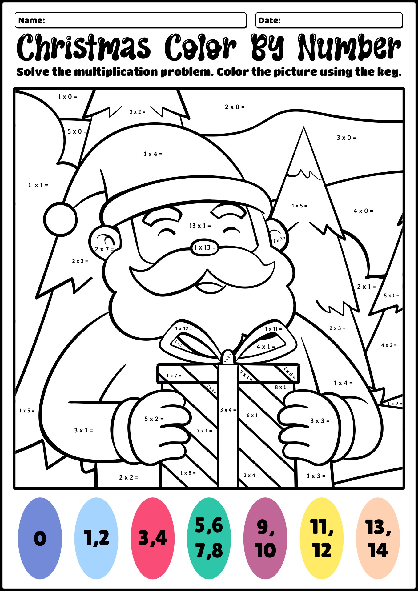 14 Christmas Multiplication Color Worksheet Hidden /