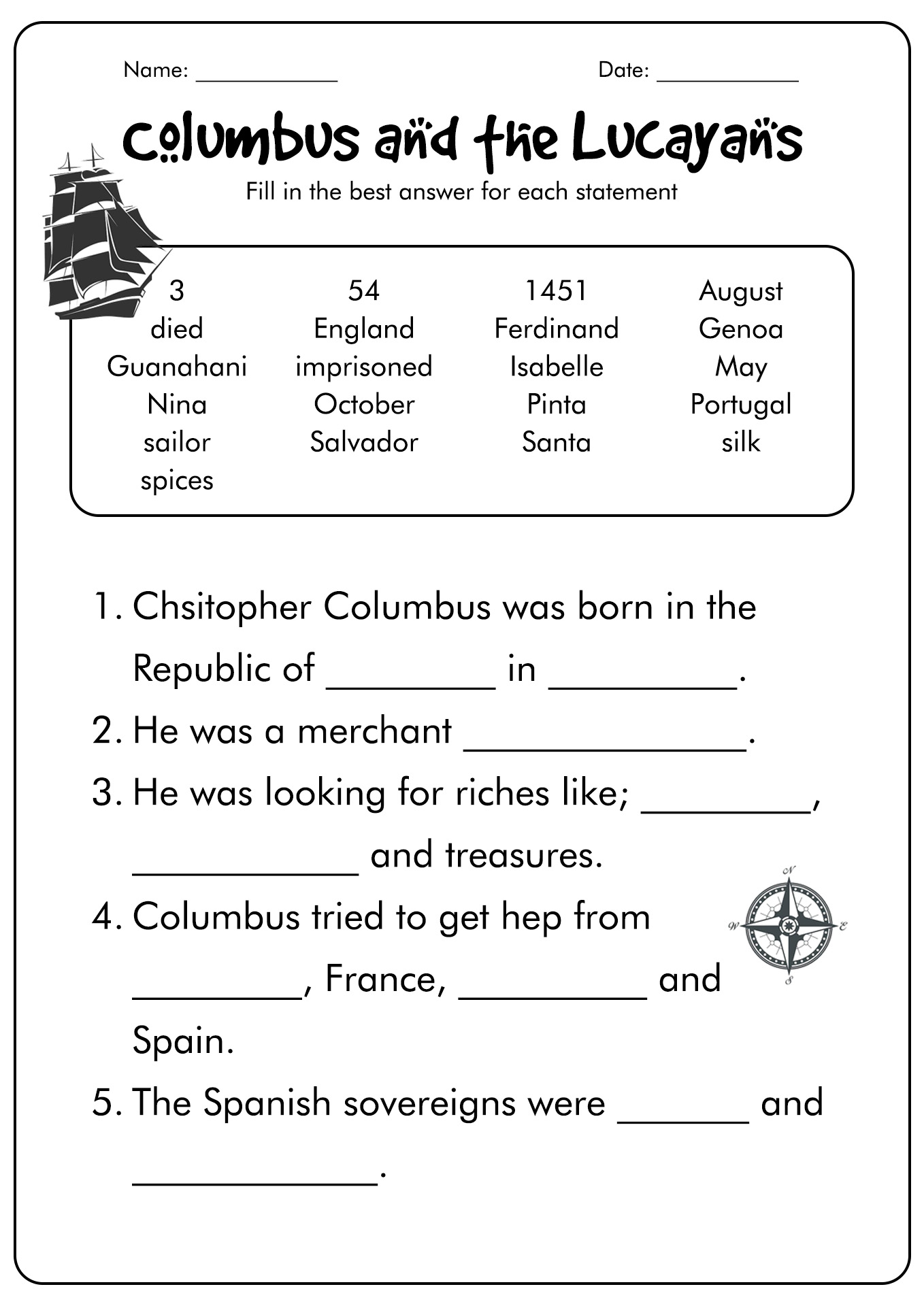 Christopher Columbus Worksheets Image