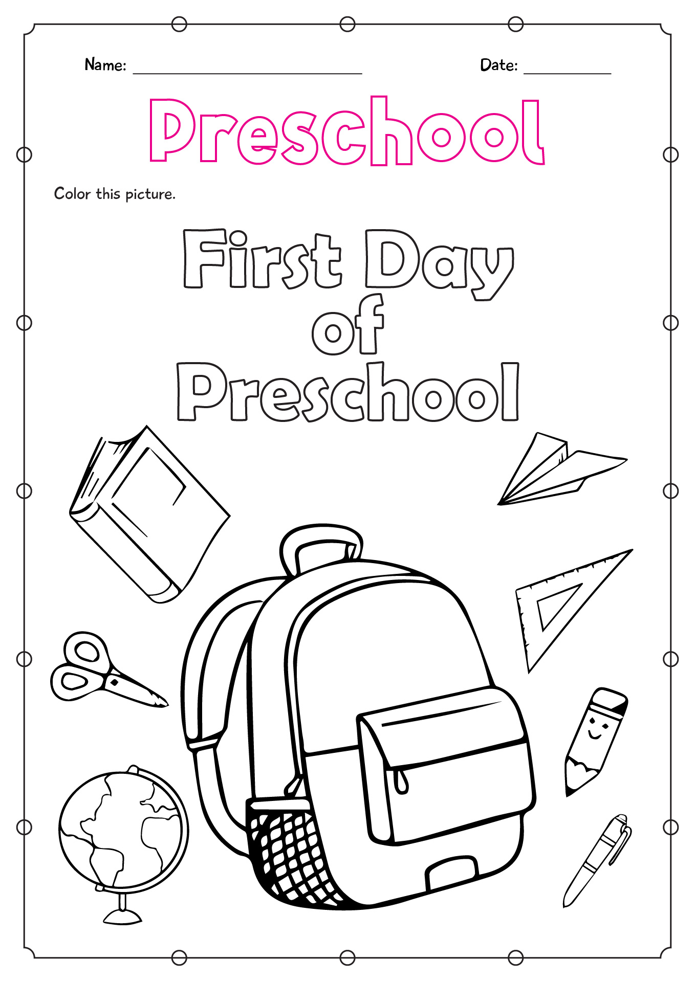 First Day of Preschool Coloring Sheets