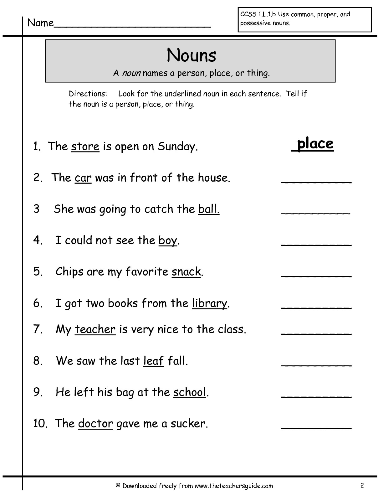 Noun Worksheets for 1st Grade