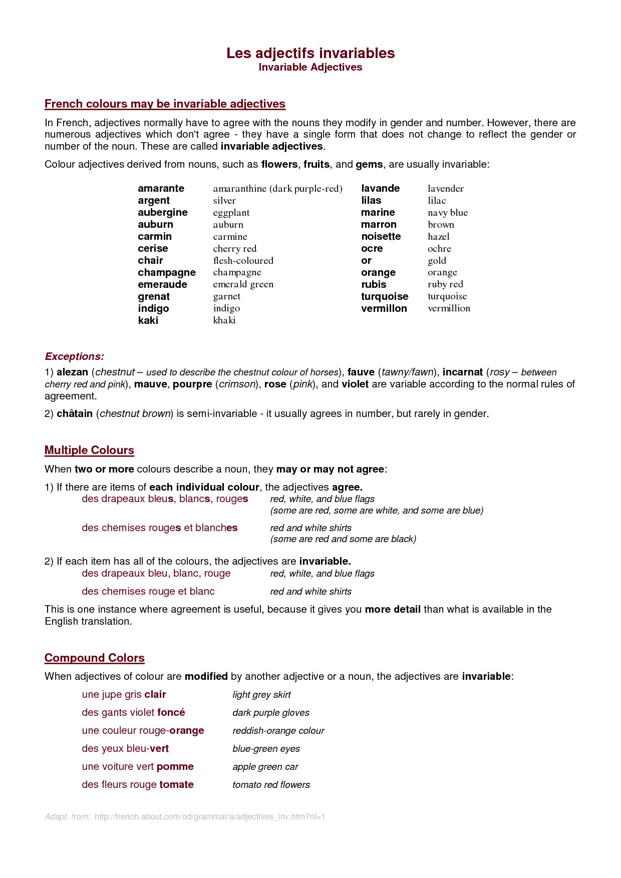 French Colour Adjective Agreement Worksheet