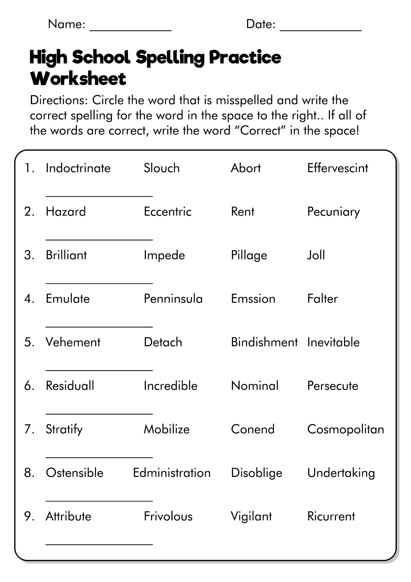 Free Printable High School English Worksheets