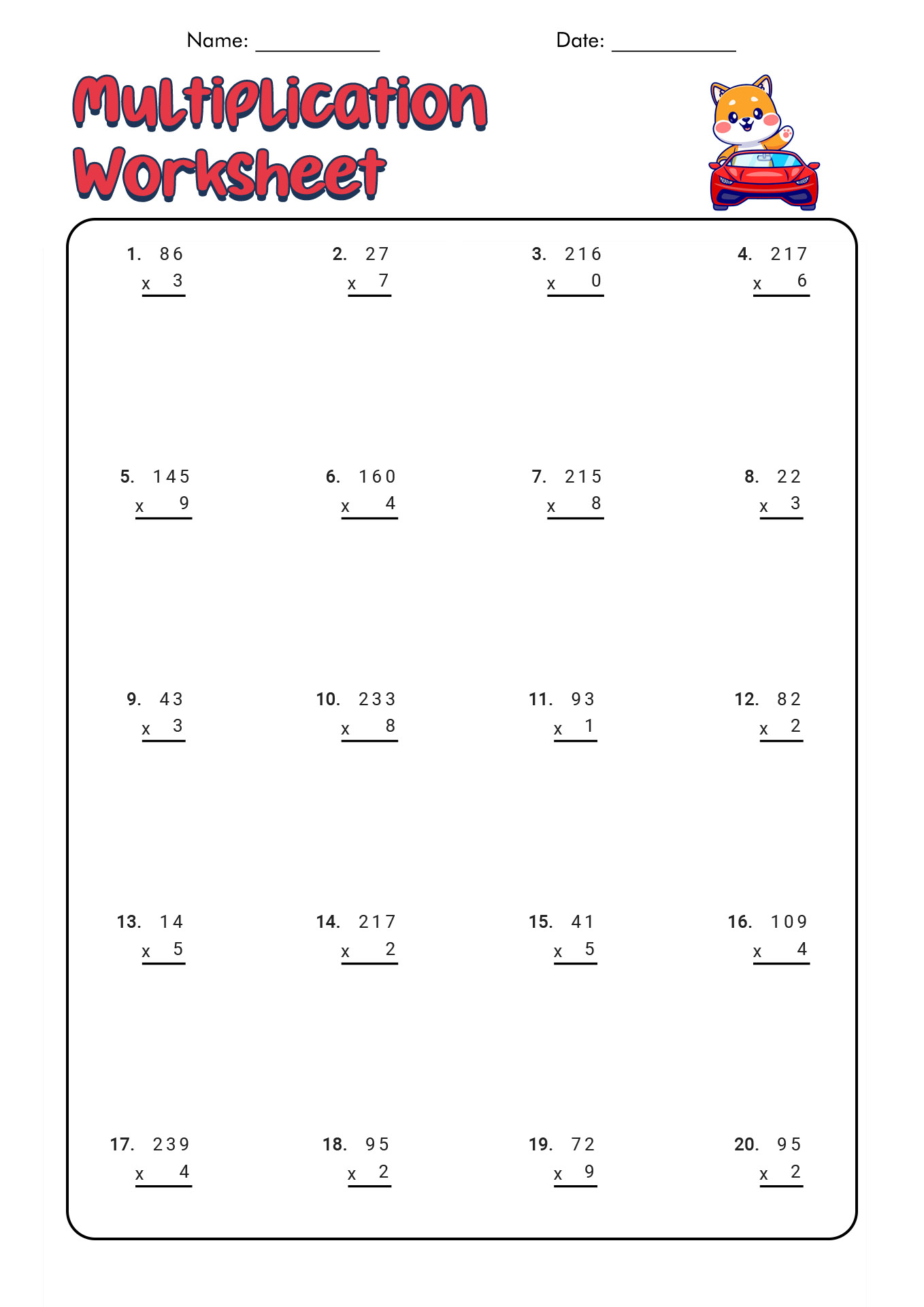 Multiplication Worksheet Math Sheets Image