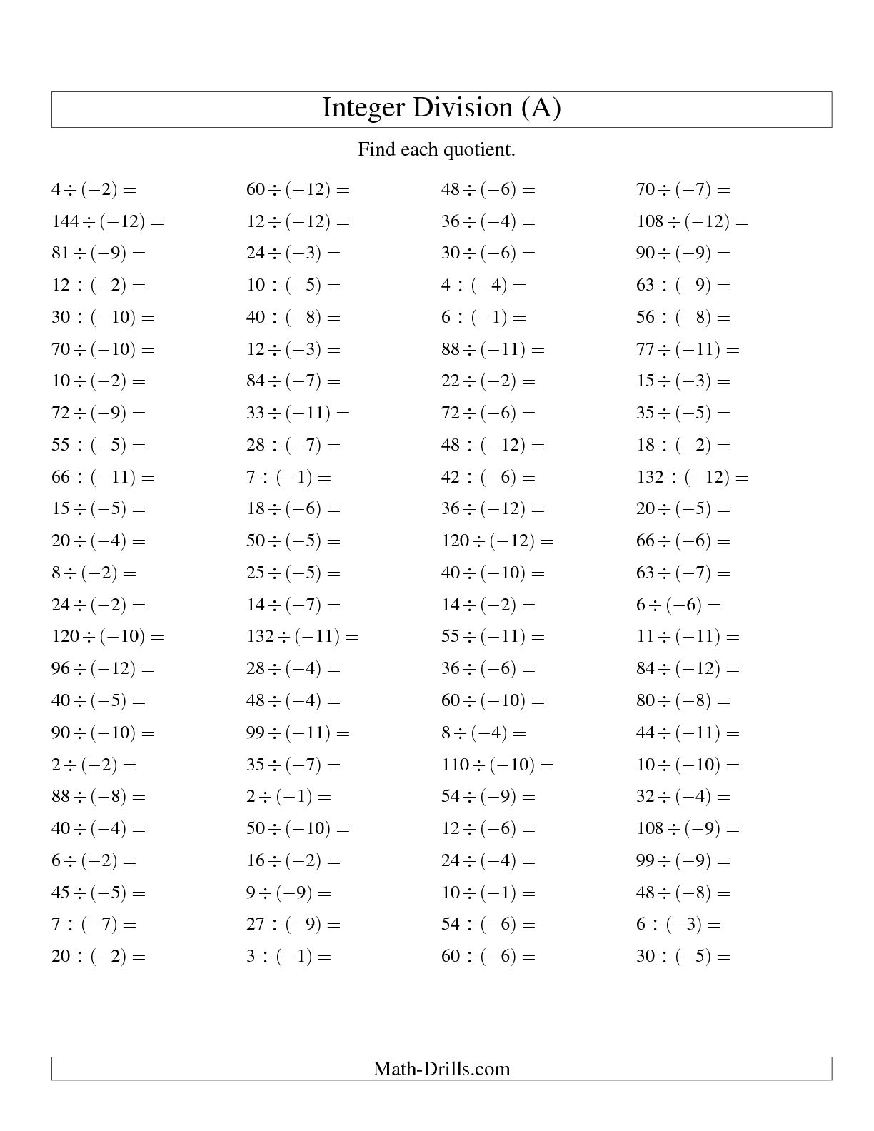 Math Worksheets Using Positive And Negative Numbers