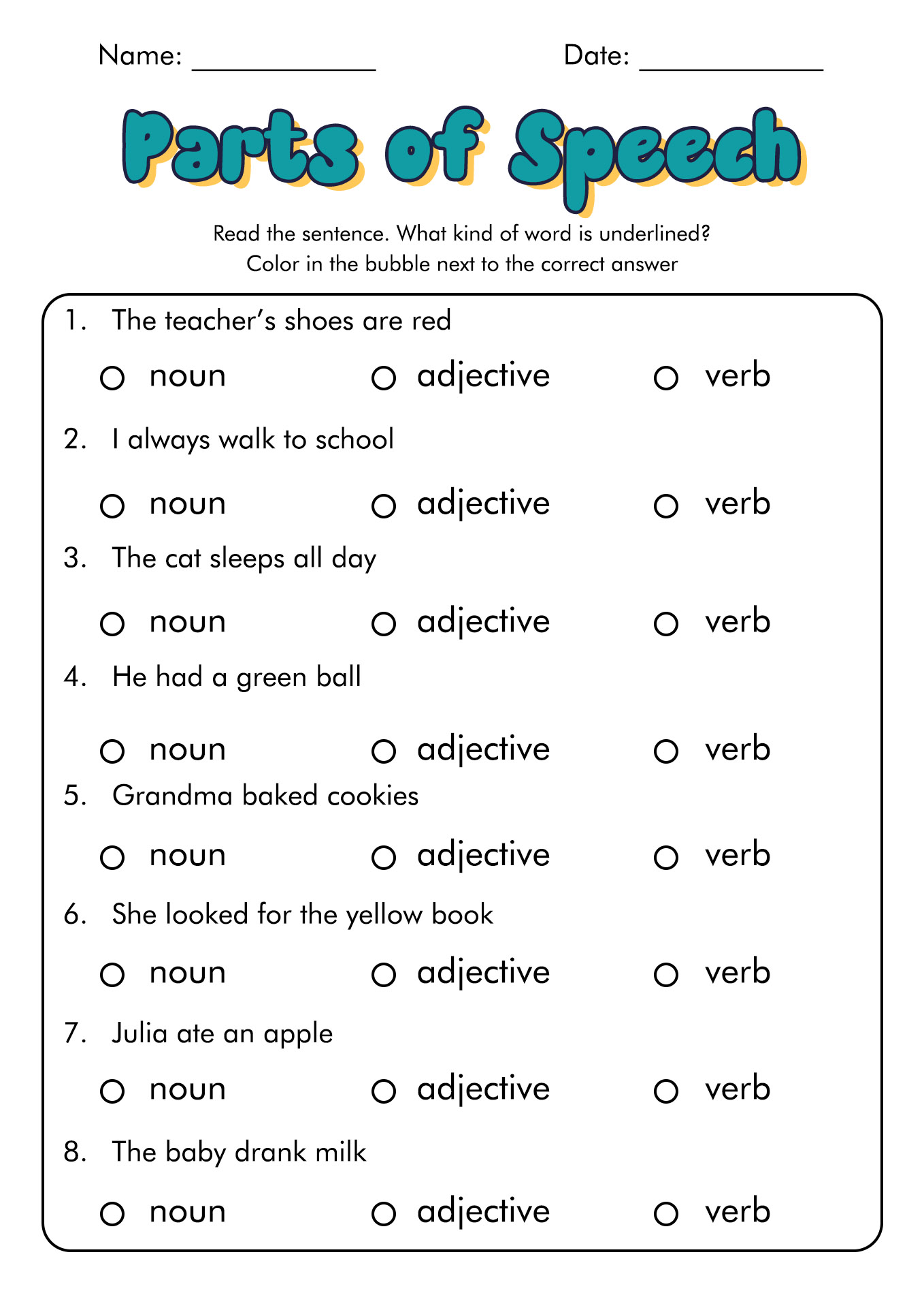 Parts of Speech Worksheets Free 6th Grade Image
