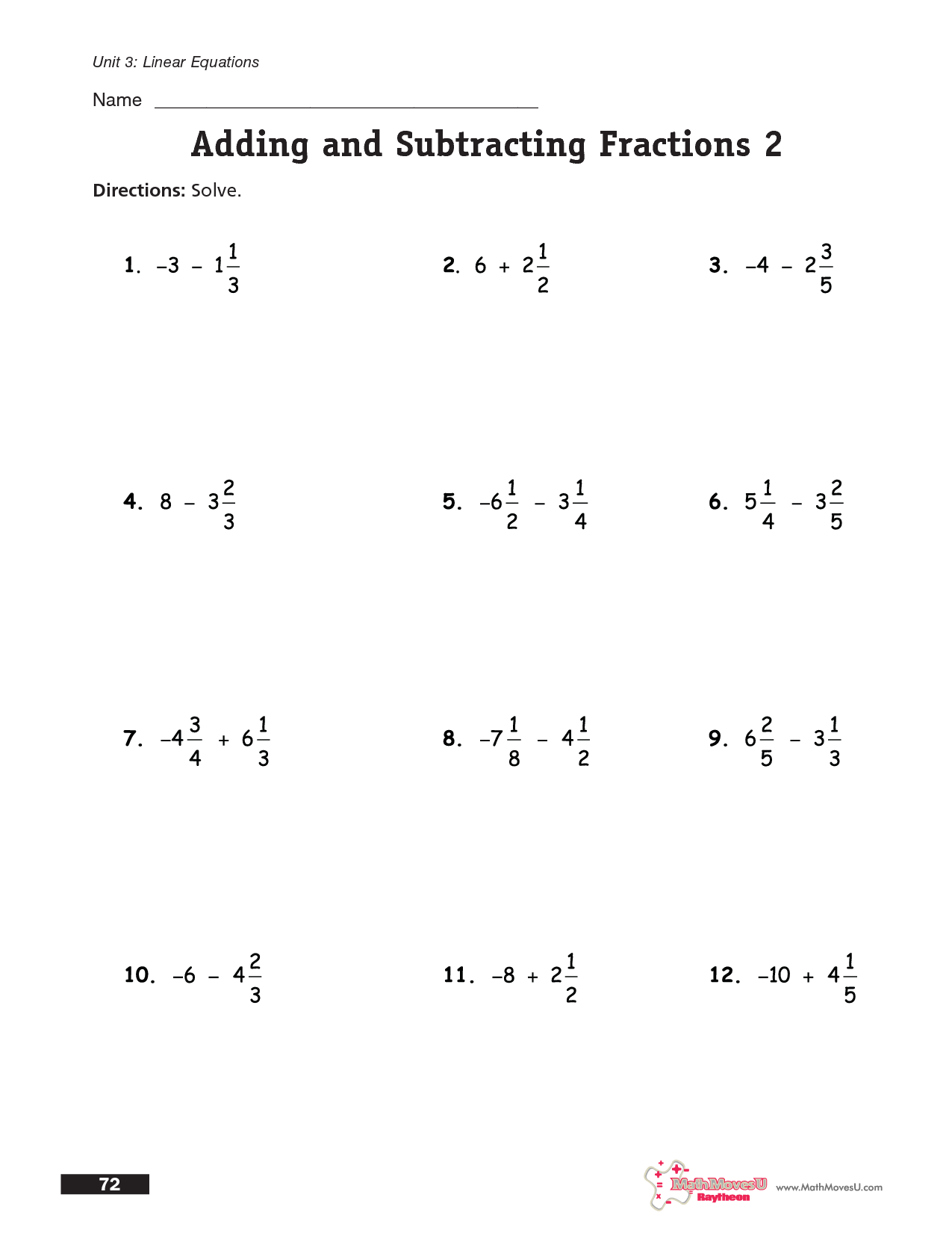 Subtracting Fractions with Unlike Denominators Worksheet Image