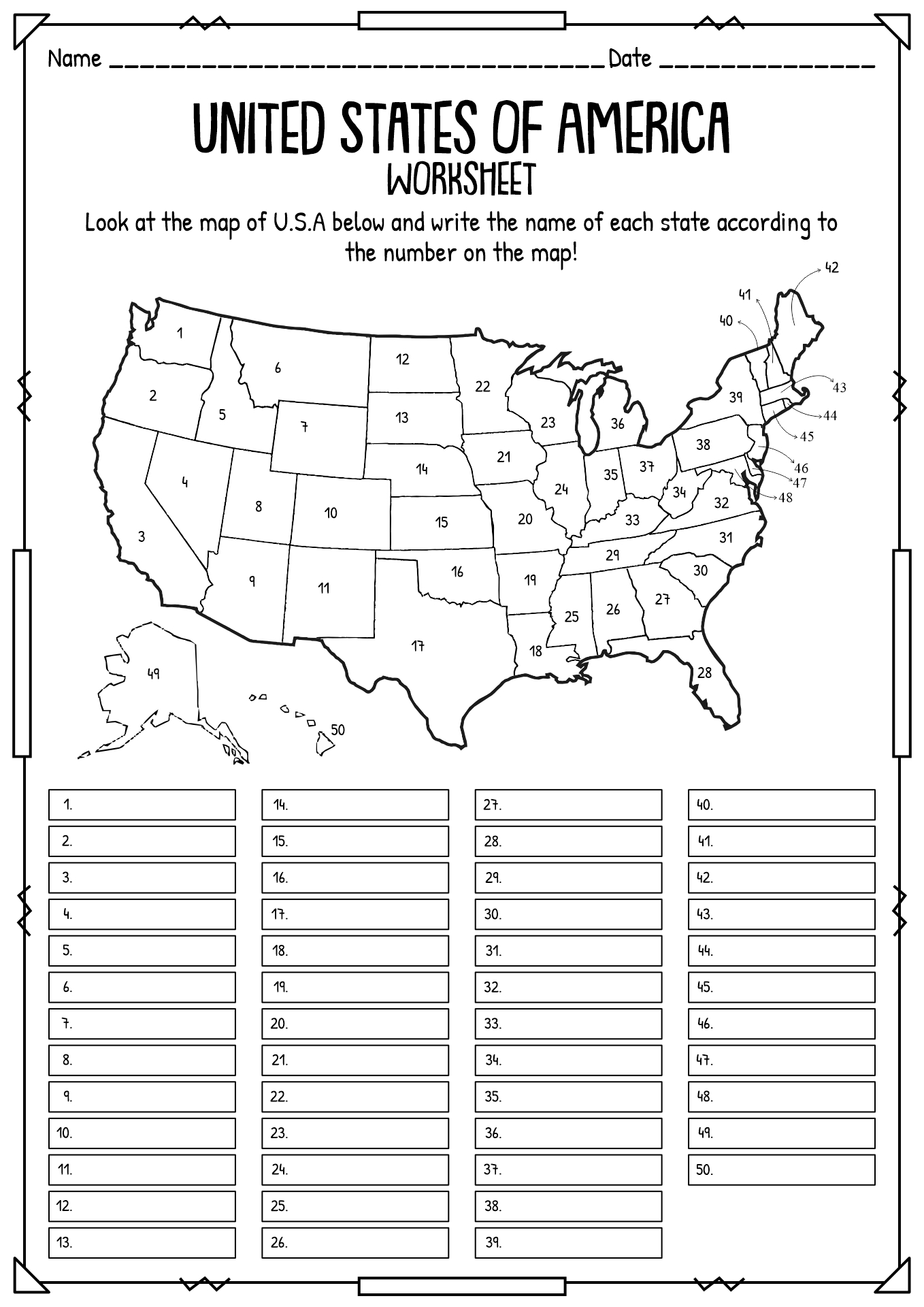 50 States and Capitals Map Printable