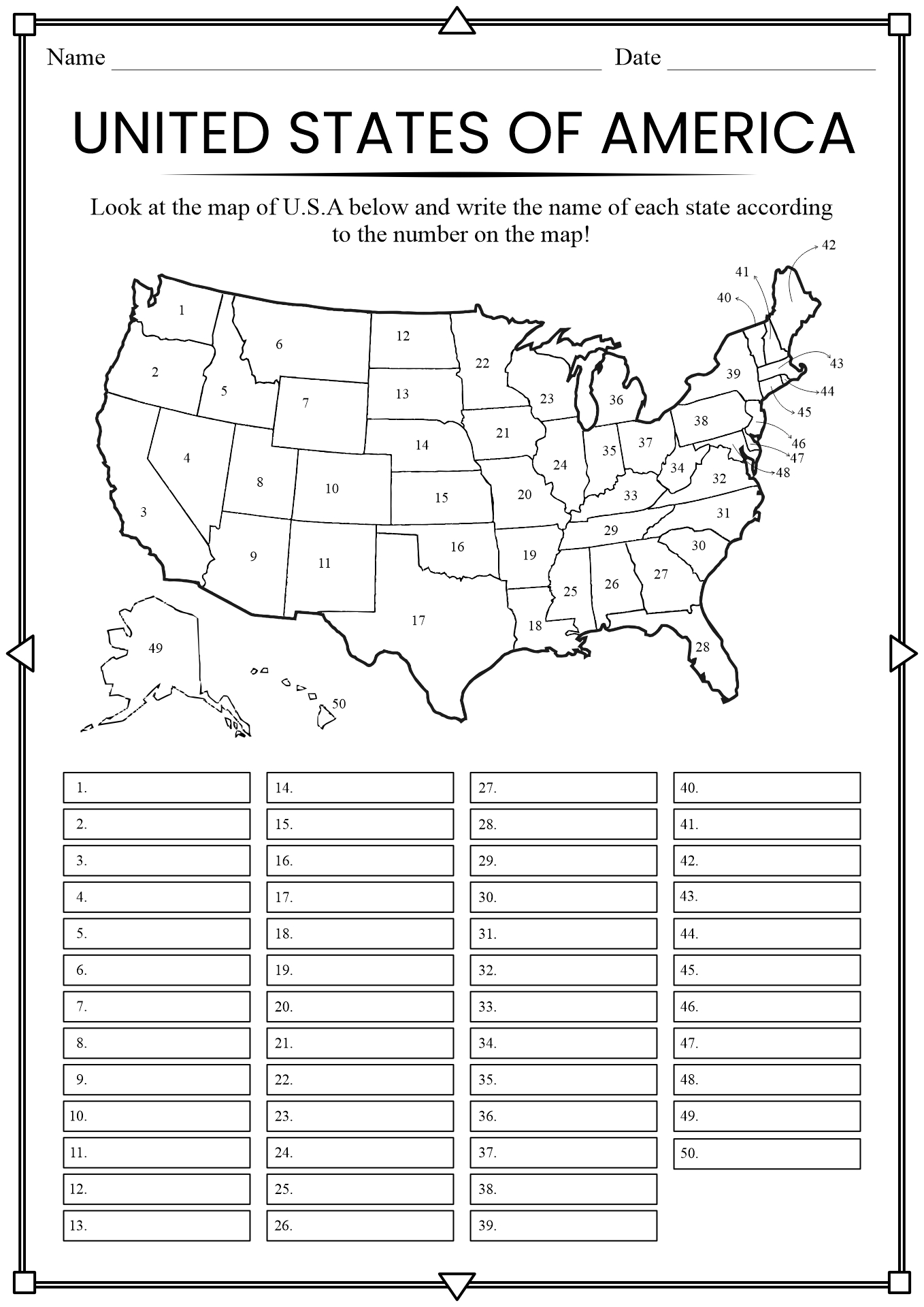 50 United States Worksheet