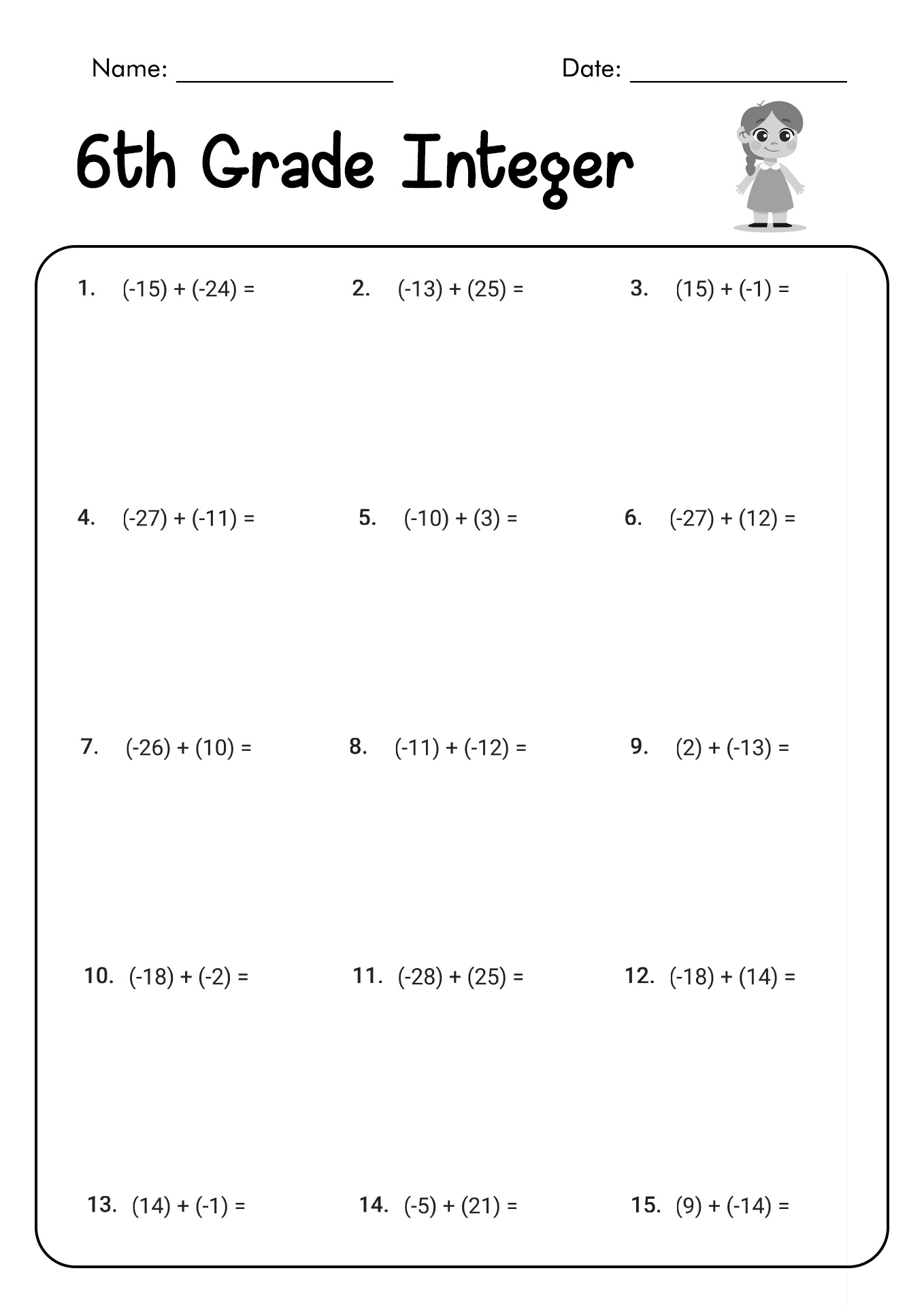 6th Grade Math Worksheets Integers