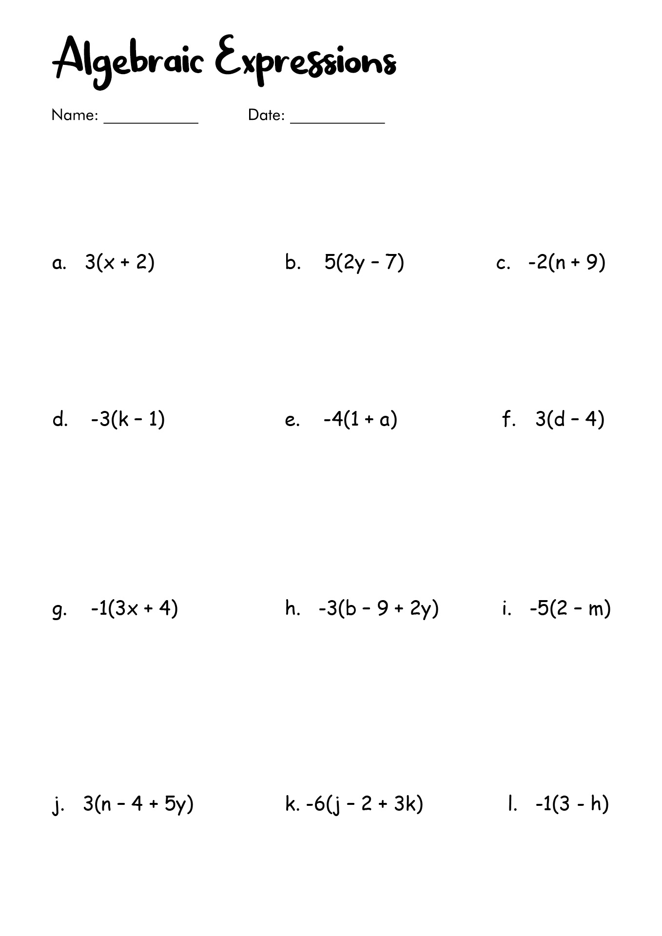 Free Printable Simplifying Algebraic Expressions Worksheets