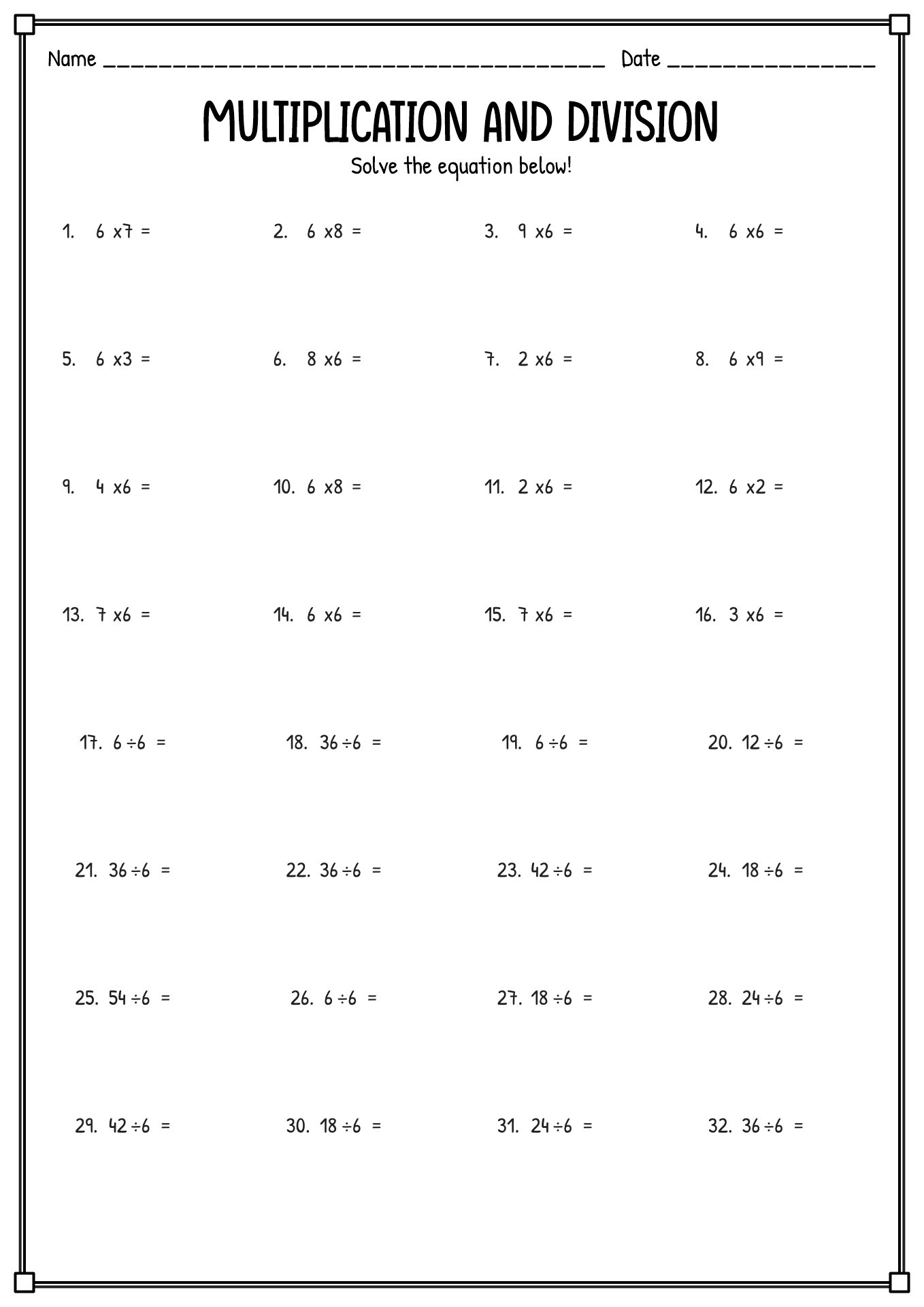 Basic Multiplication and Division Worksheets Image