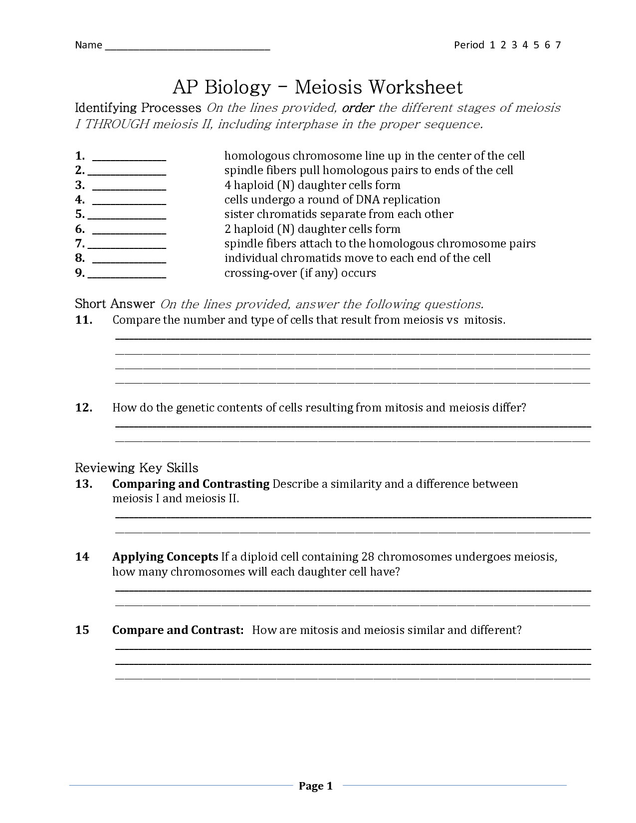 Biology Meiosis Worksheet Answer Key