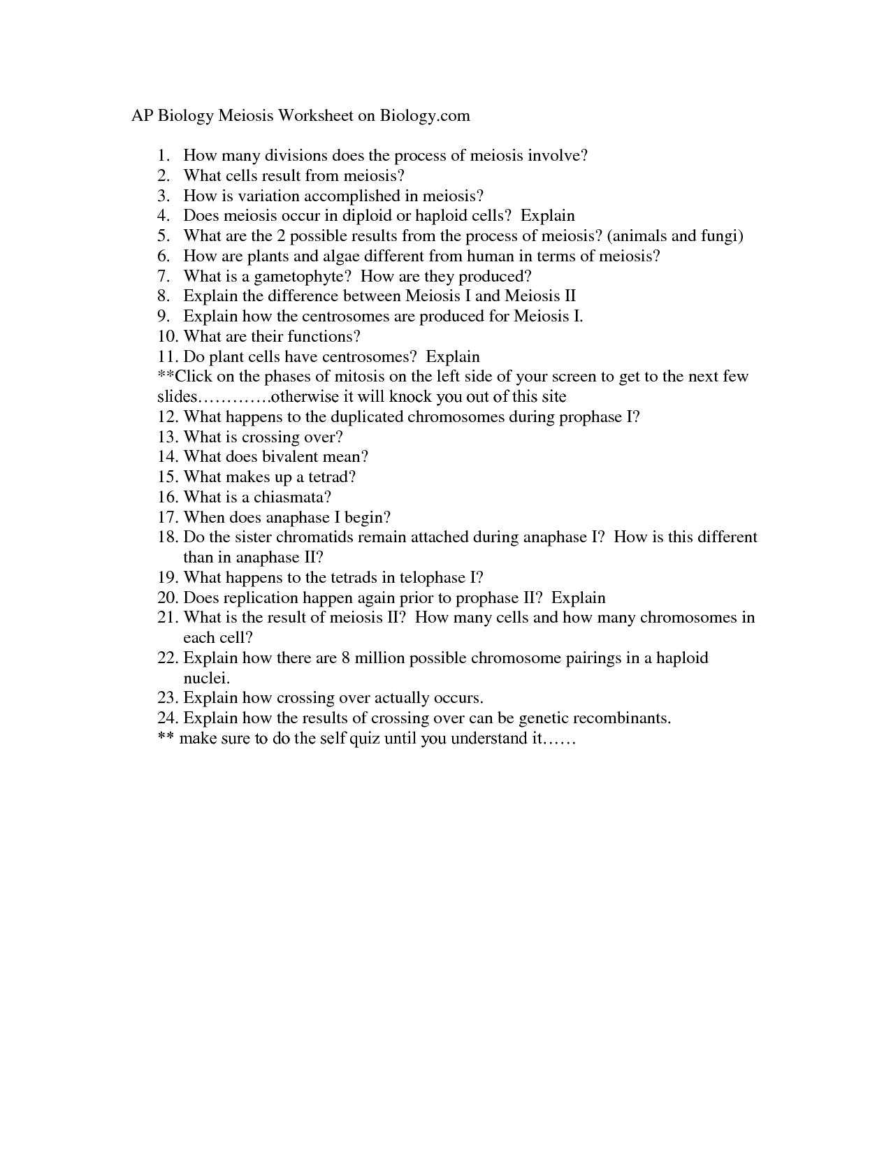 Biology Meiosis Worksheet Answer Key