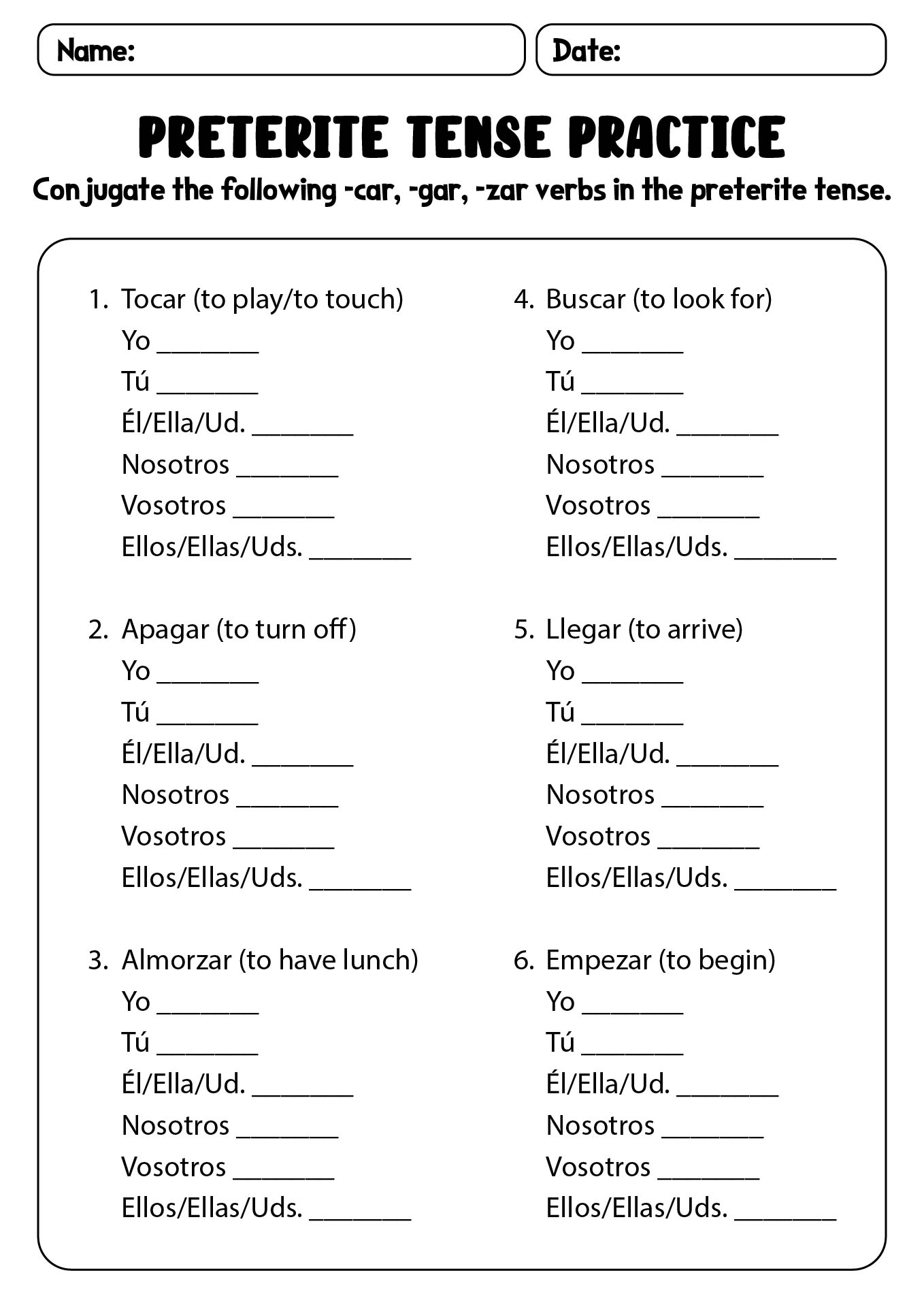 Spanish Preterite Tense Worksheet Regular