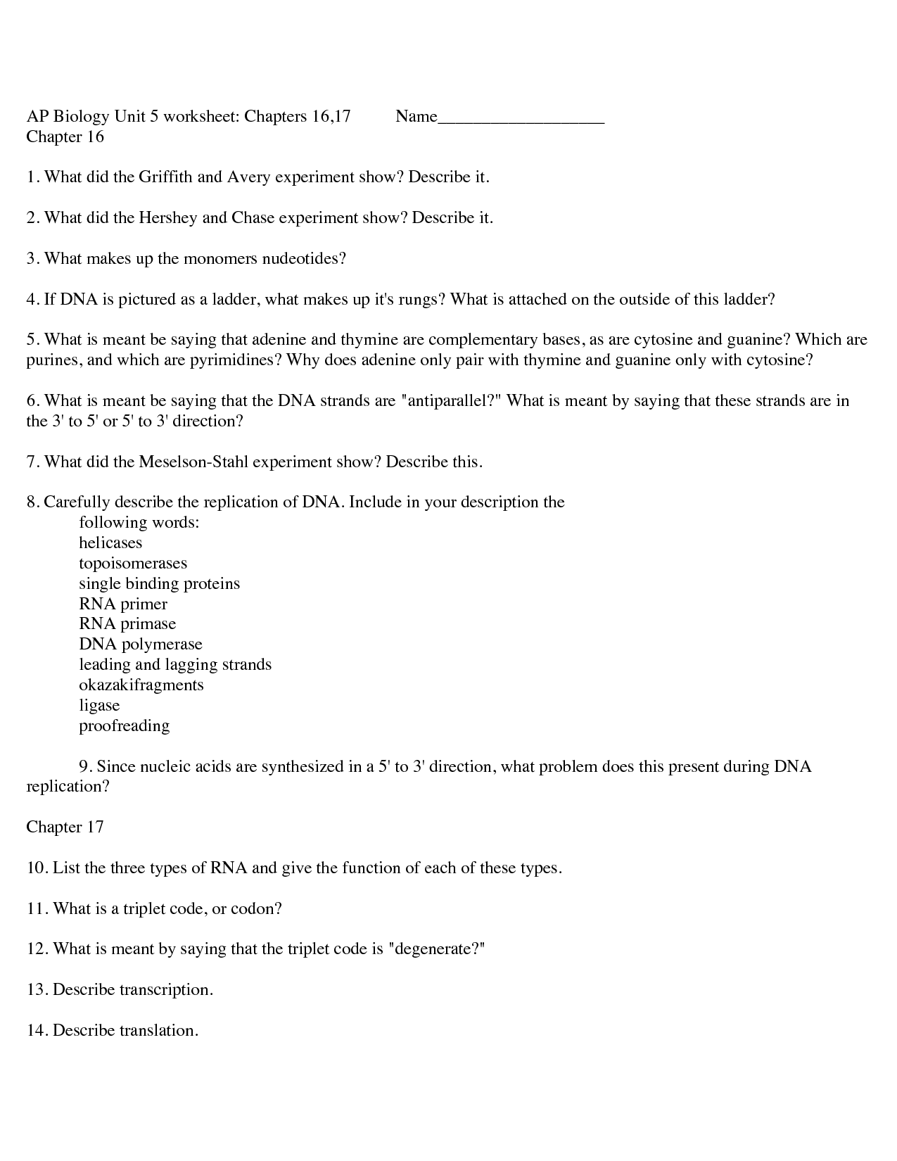 Chapter 17 Biology Worksheet Answers