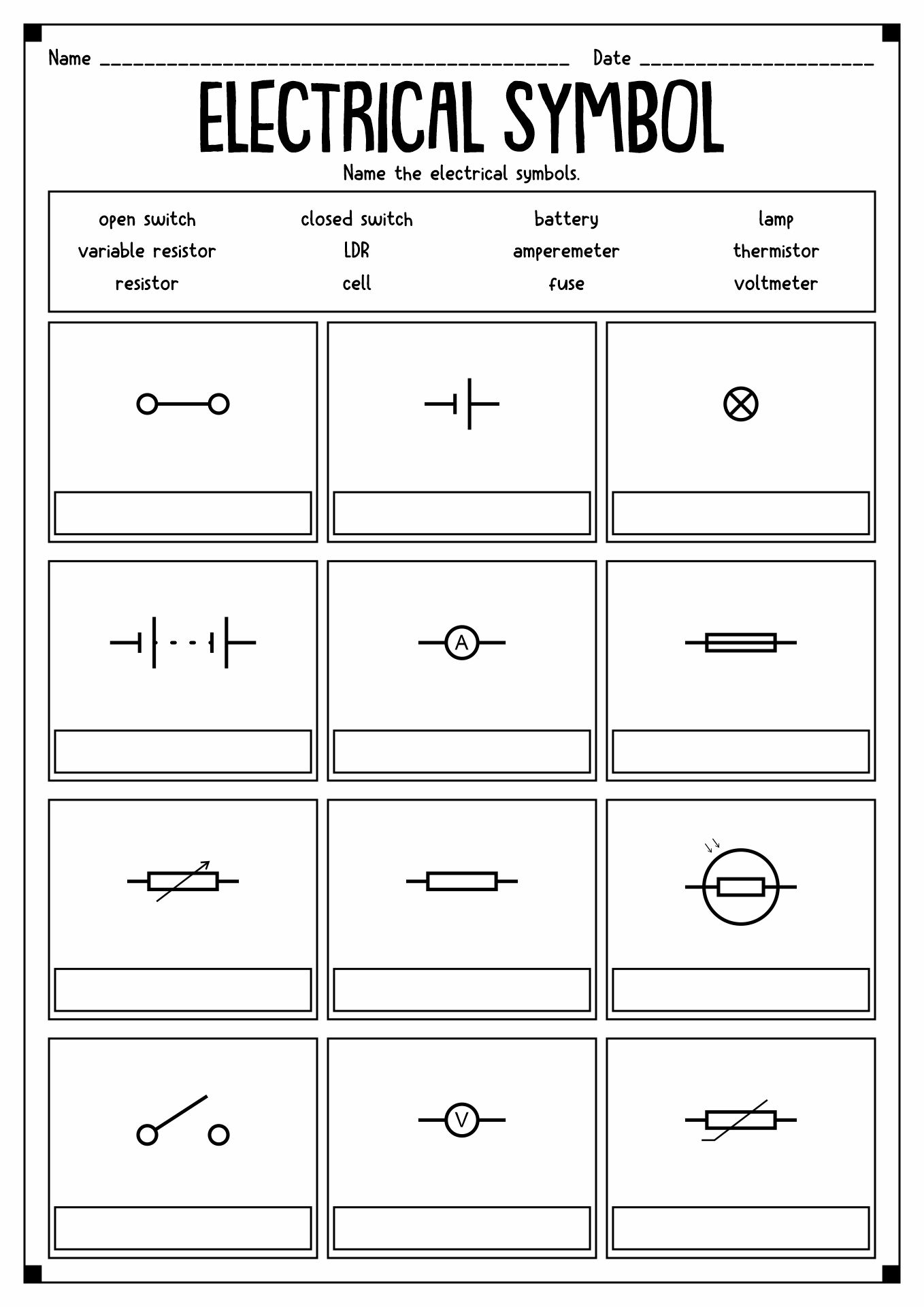Circuit Symbols Worksheet