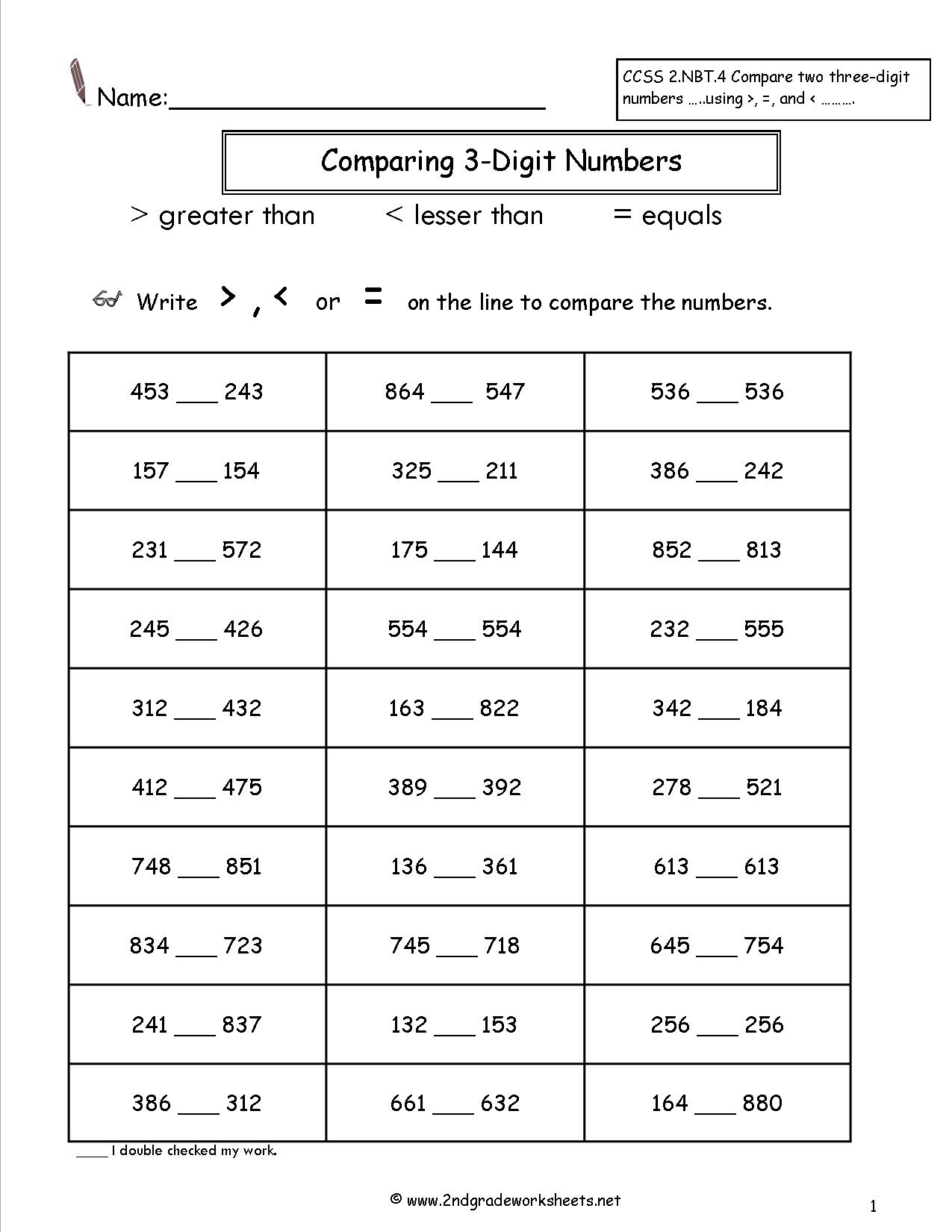 Comparing 3-Digit Numbers Worksheet Image