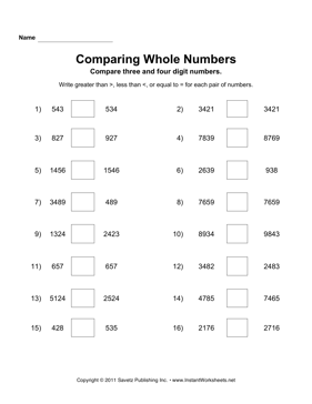 Comparing Whole Numbers Worksheets Image