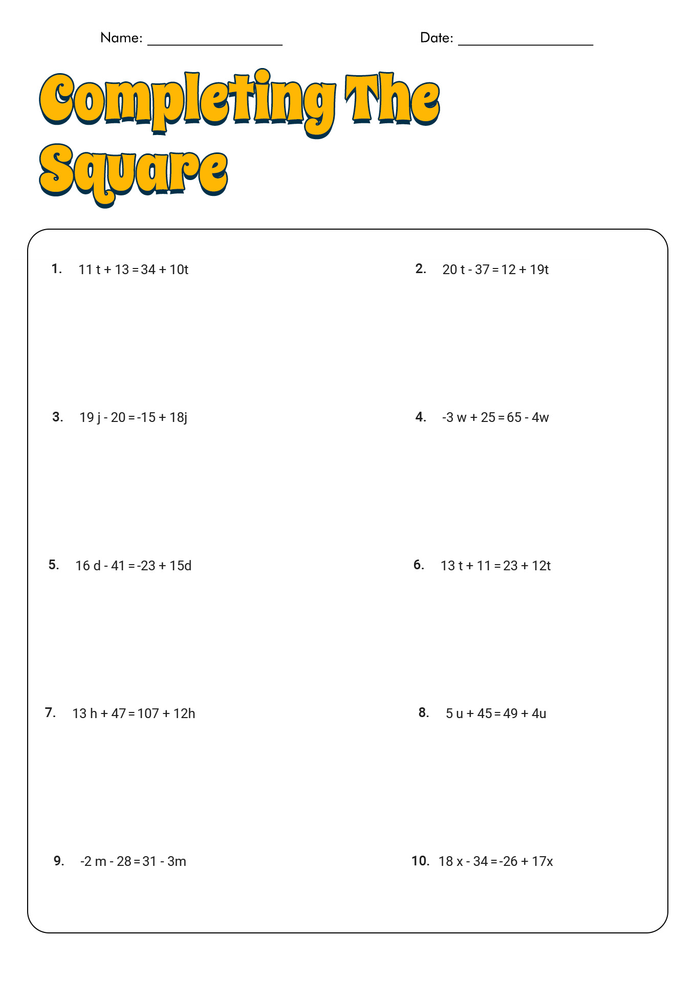 Completing the Square Worksheet Image