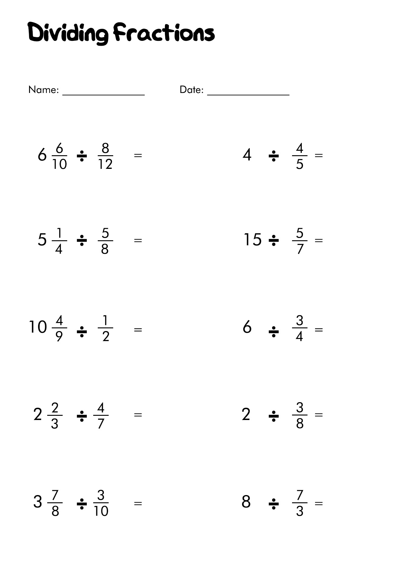 Dividing Fractions with Whole Numbers Worksheets Image