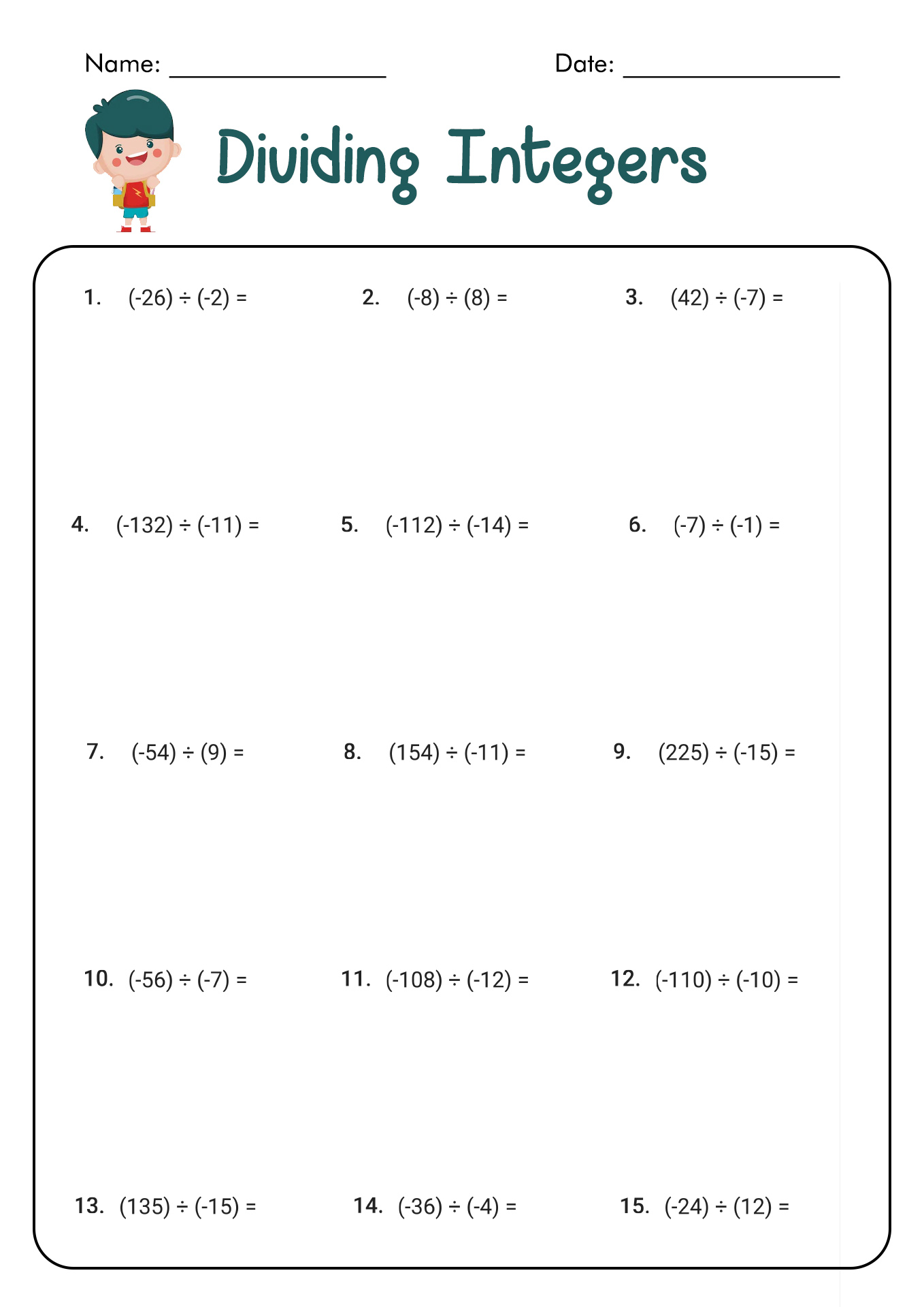 Dividing Integers Worksheets