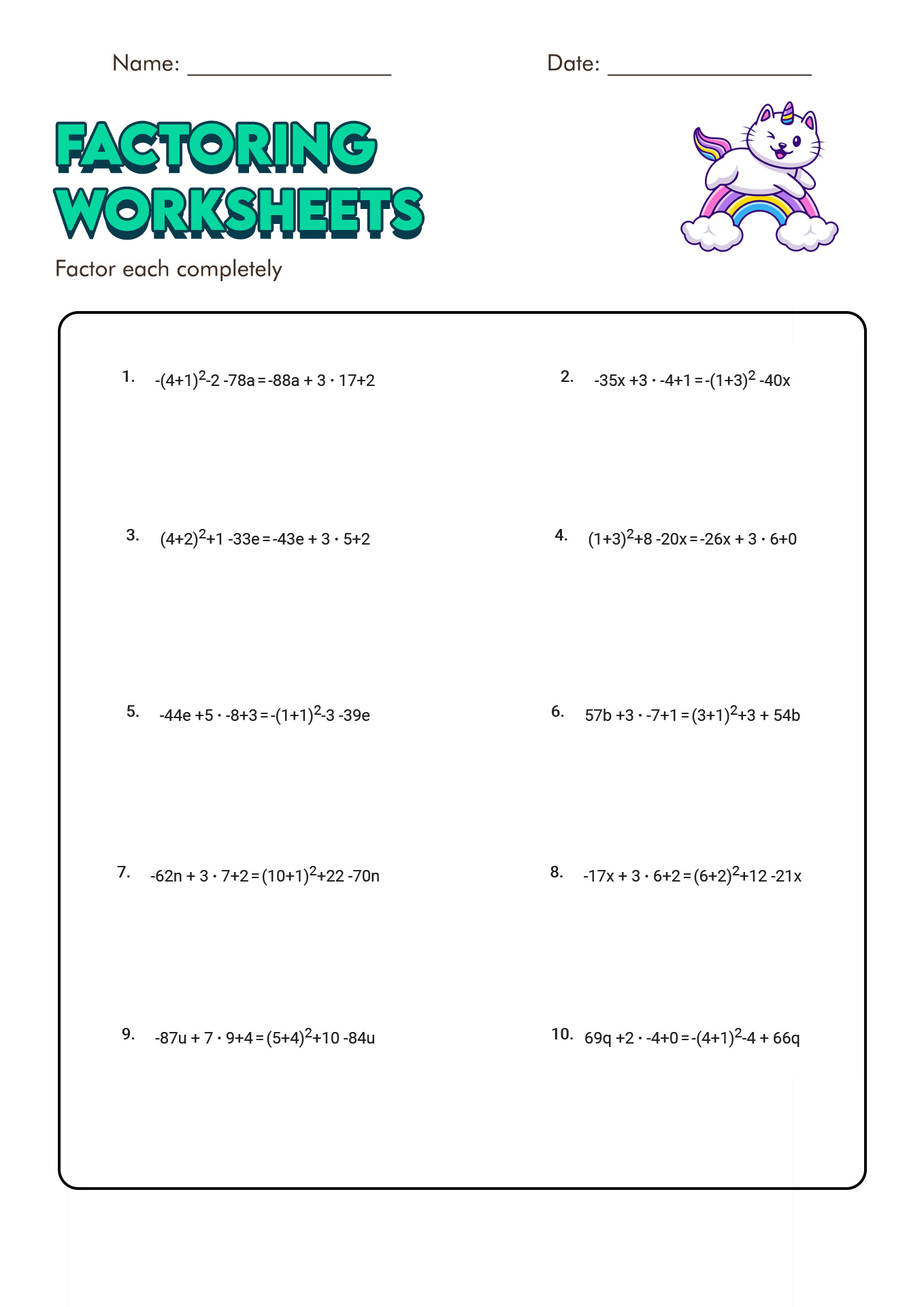 Factoring by Grouping and Greatest Common Factor Worksheet Image