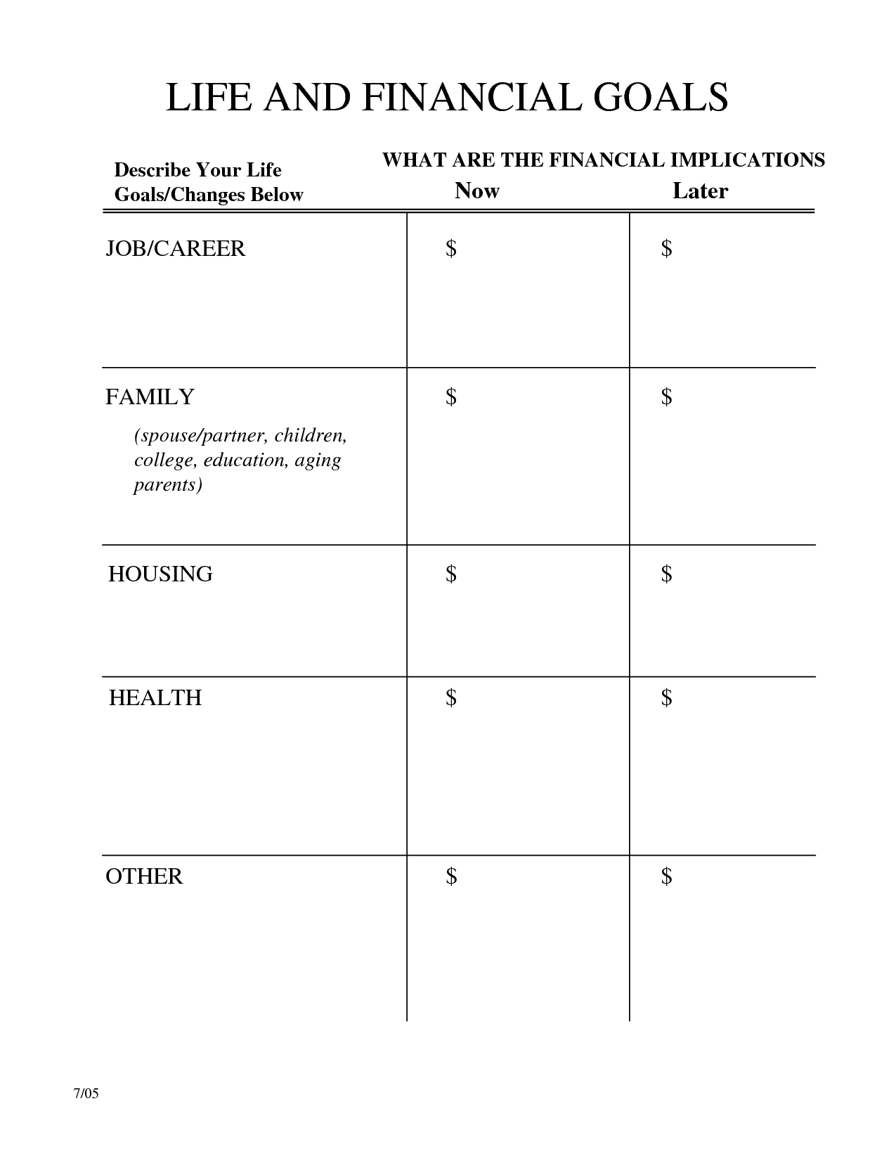 Financial Planning Goals Worksheet Image
