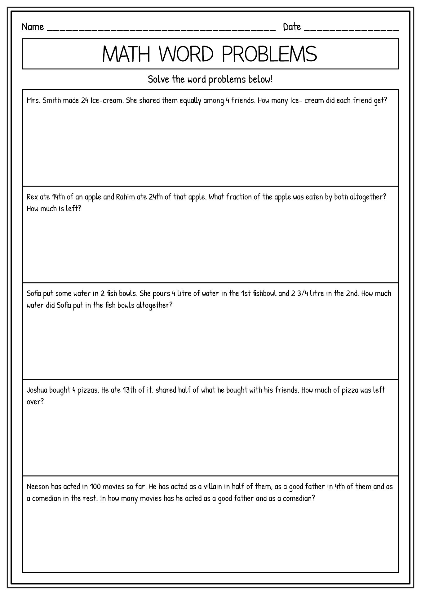 Fraction Word Problems 5th Grade Math Worksheets