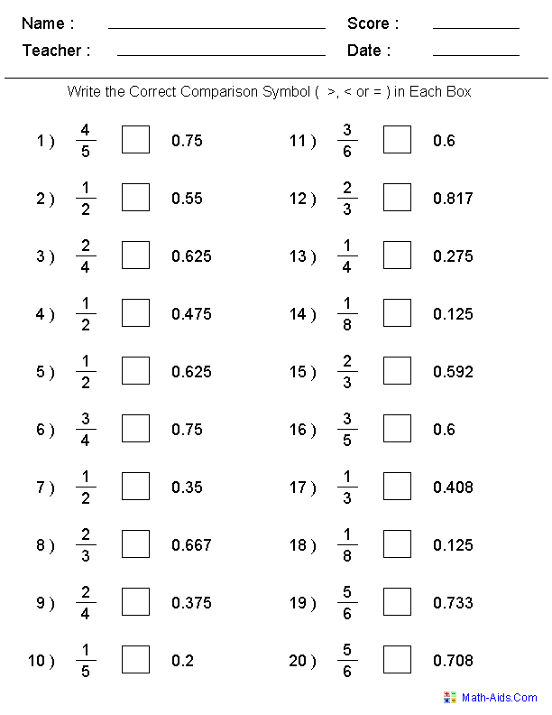 Fractions and Decimals Worksheets