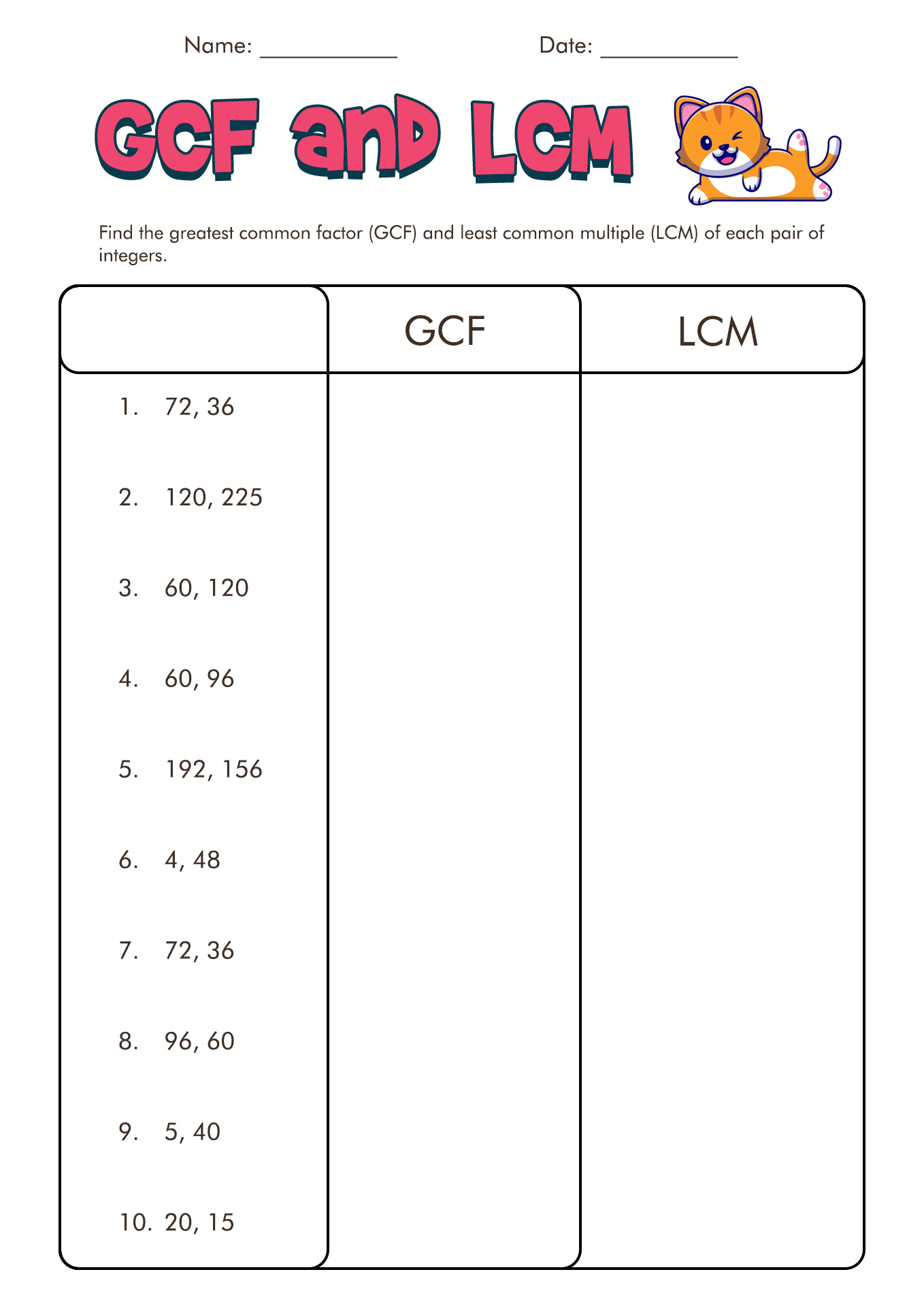 GCF and LCM Worksheets Image