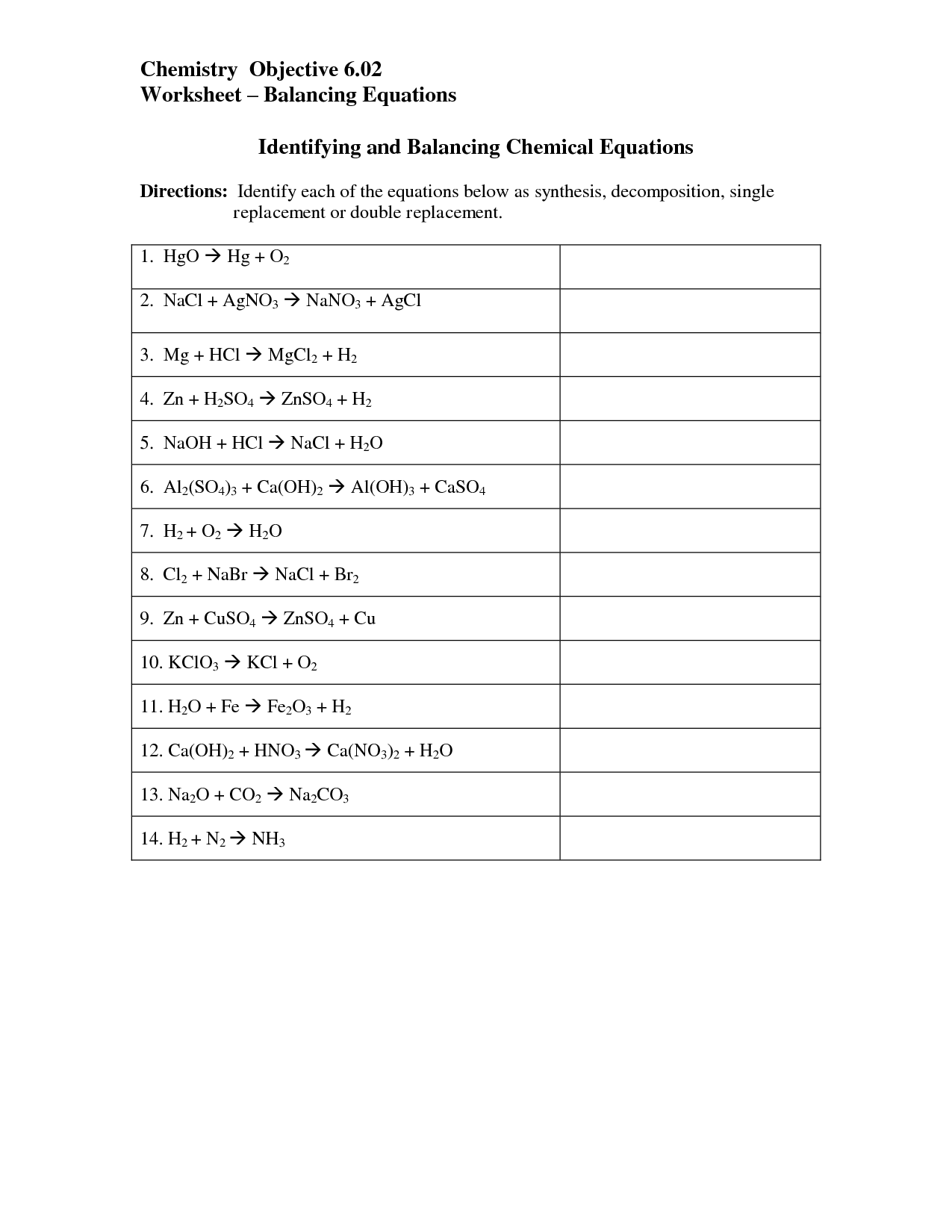 Identifying Chemical Reactions Worksheet Image