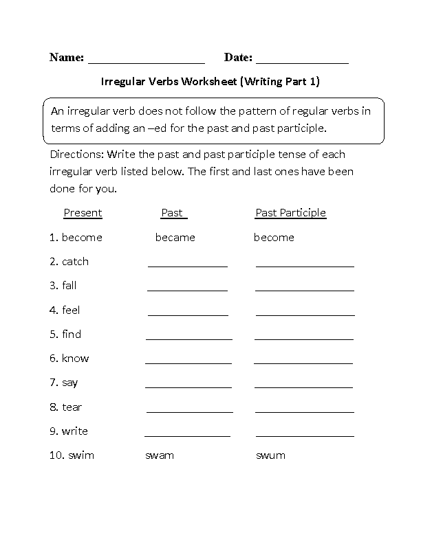 Irregular Verbs Worksheets Image