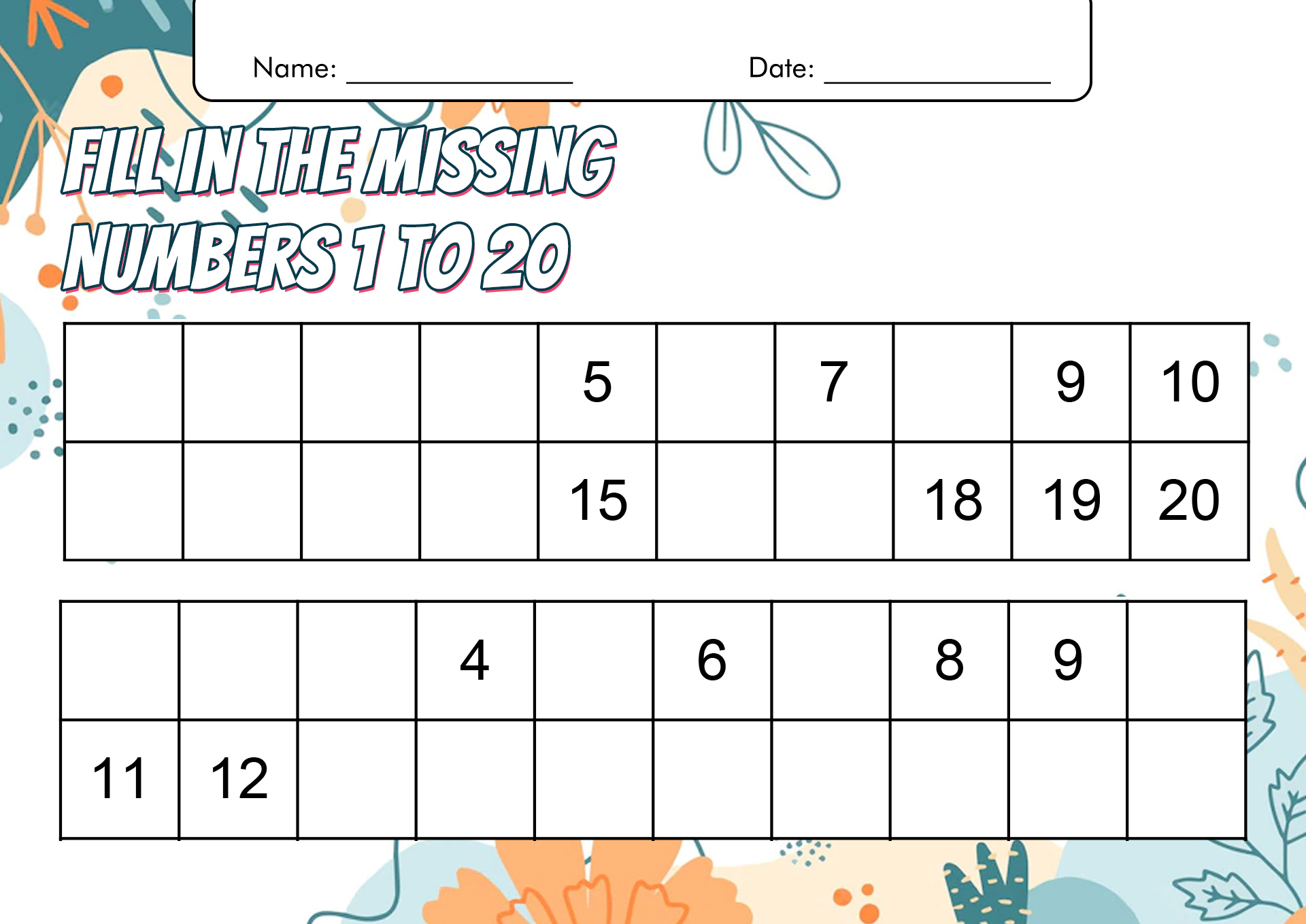 Kindergarten Worksheets Fill in the Missing Numbers 1 to 20