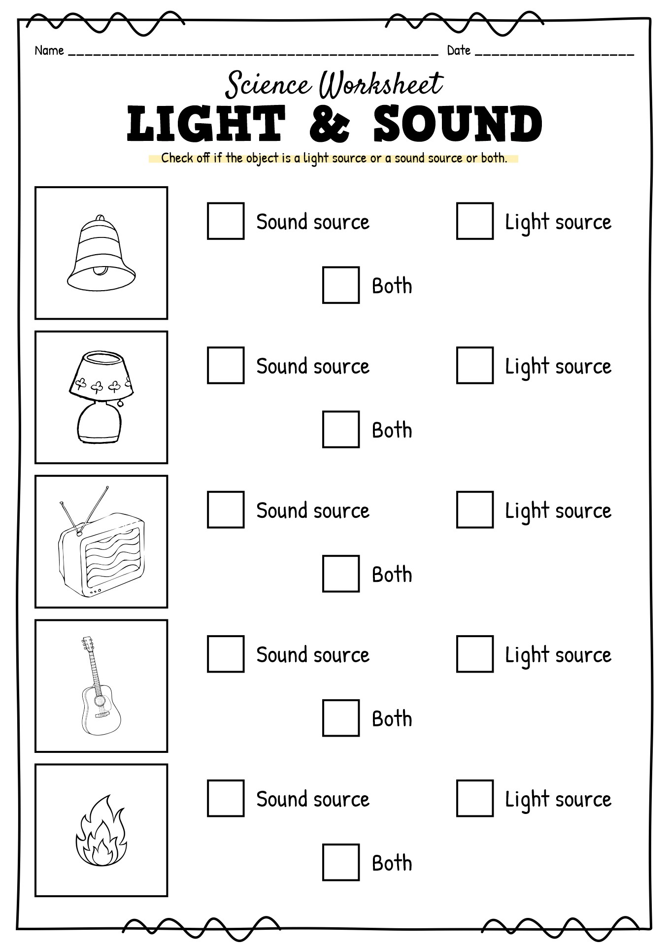 Light and Sound Science Worksheet First Grade Image