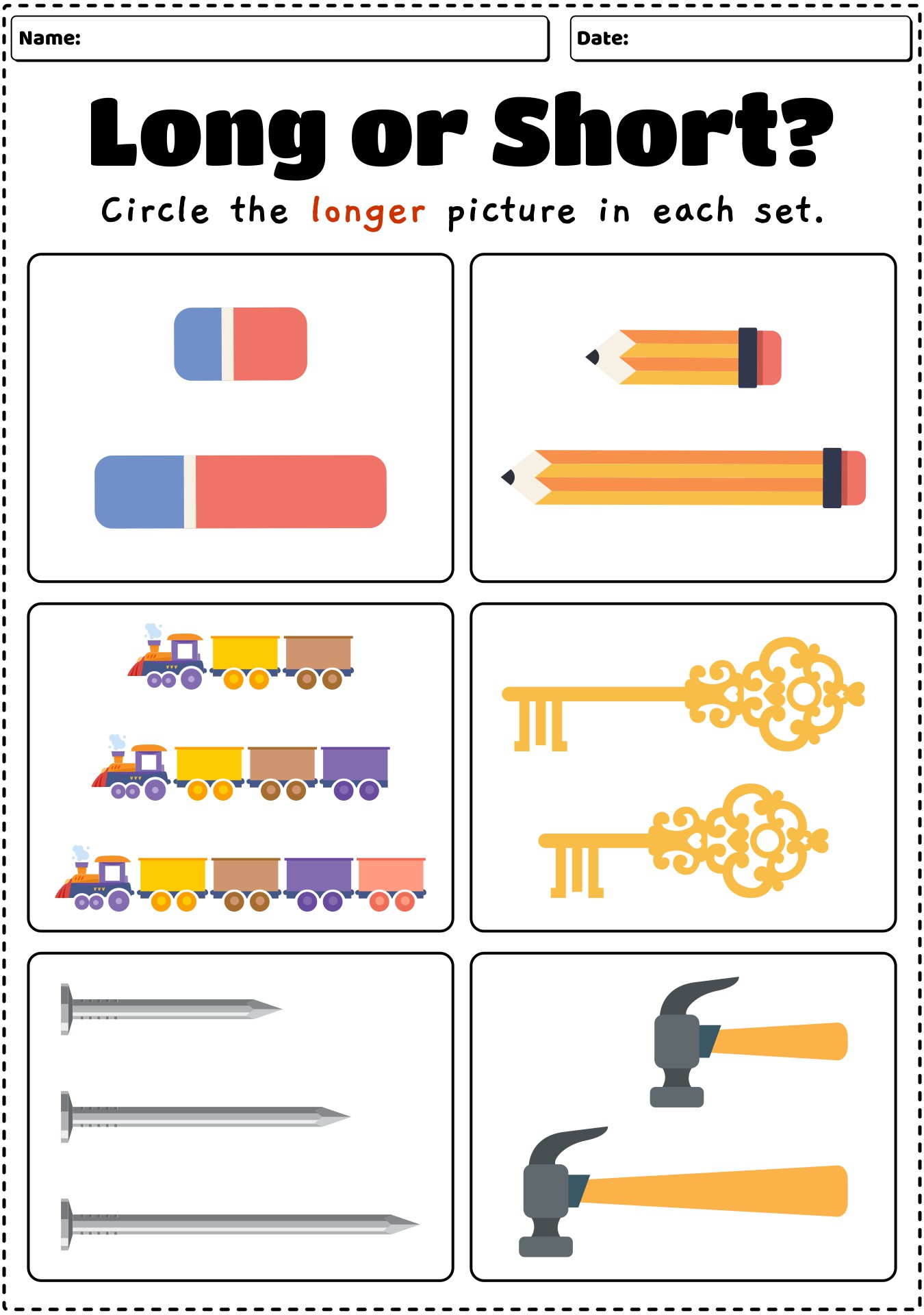 Long and Short Worksheets Kindergarten