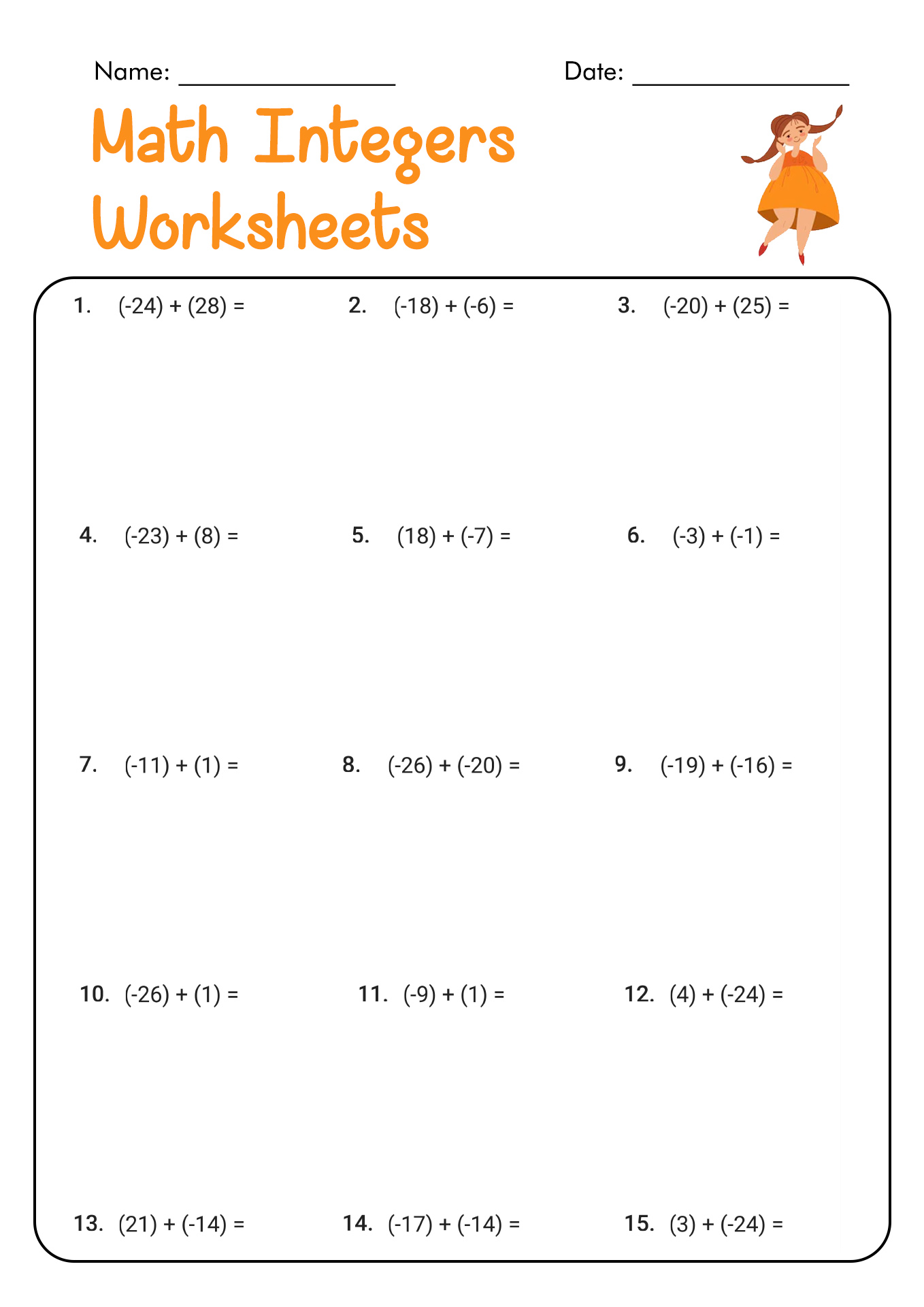 Math Operations with Integers Worksheet