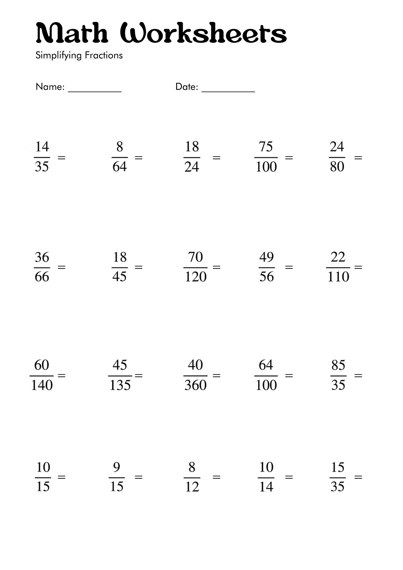 Math Worksheets Simplifying Fractions Image