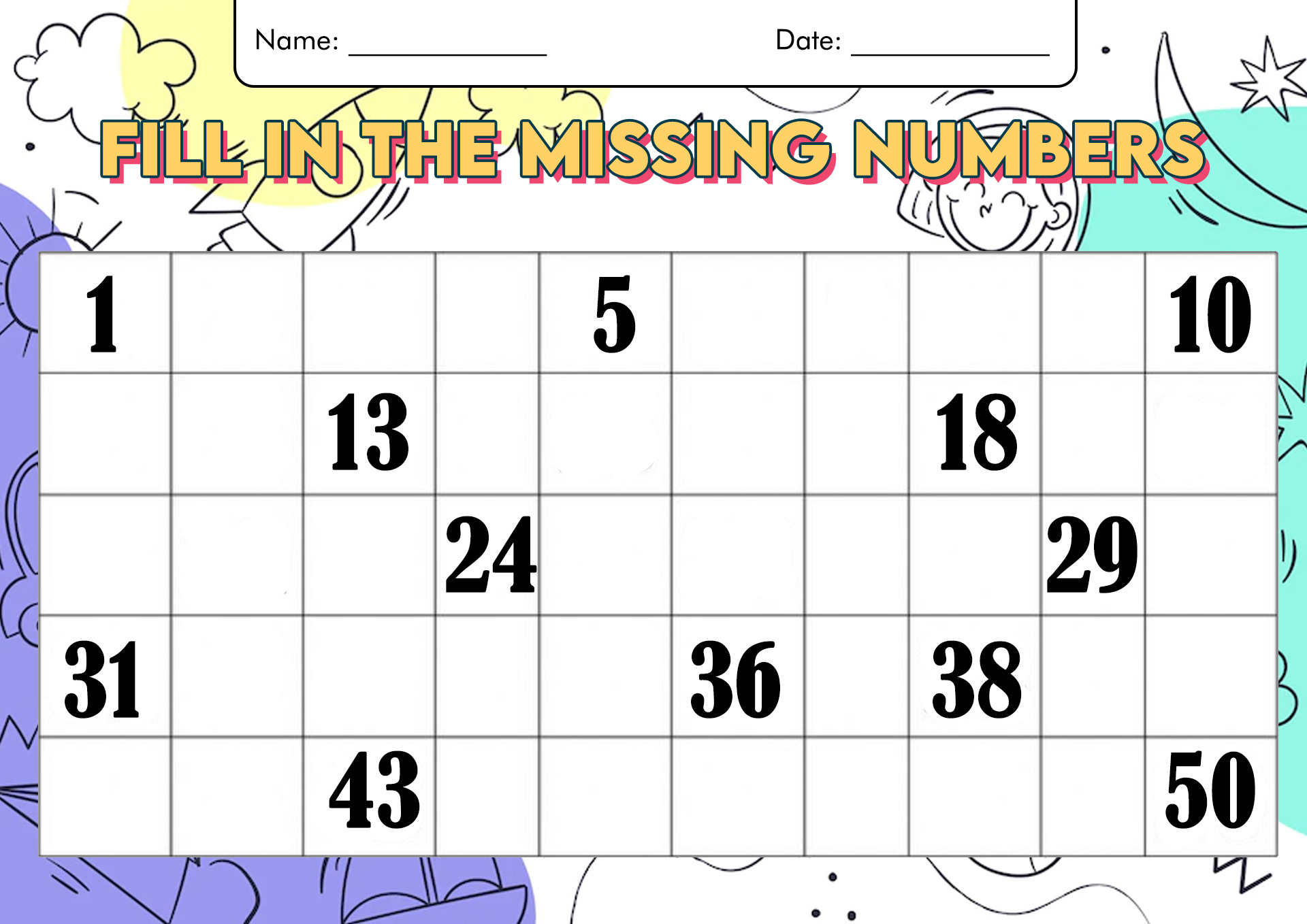Missing Numbers 1-50 Worksheet
