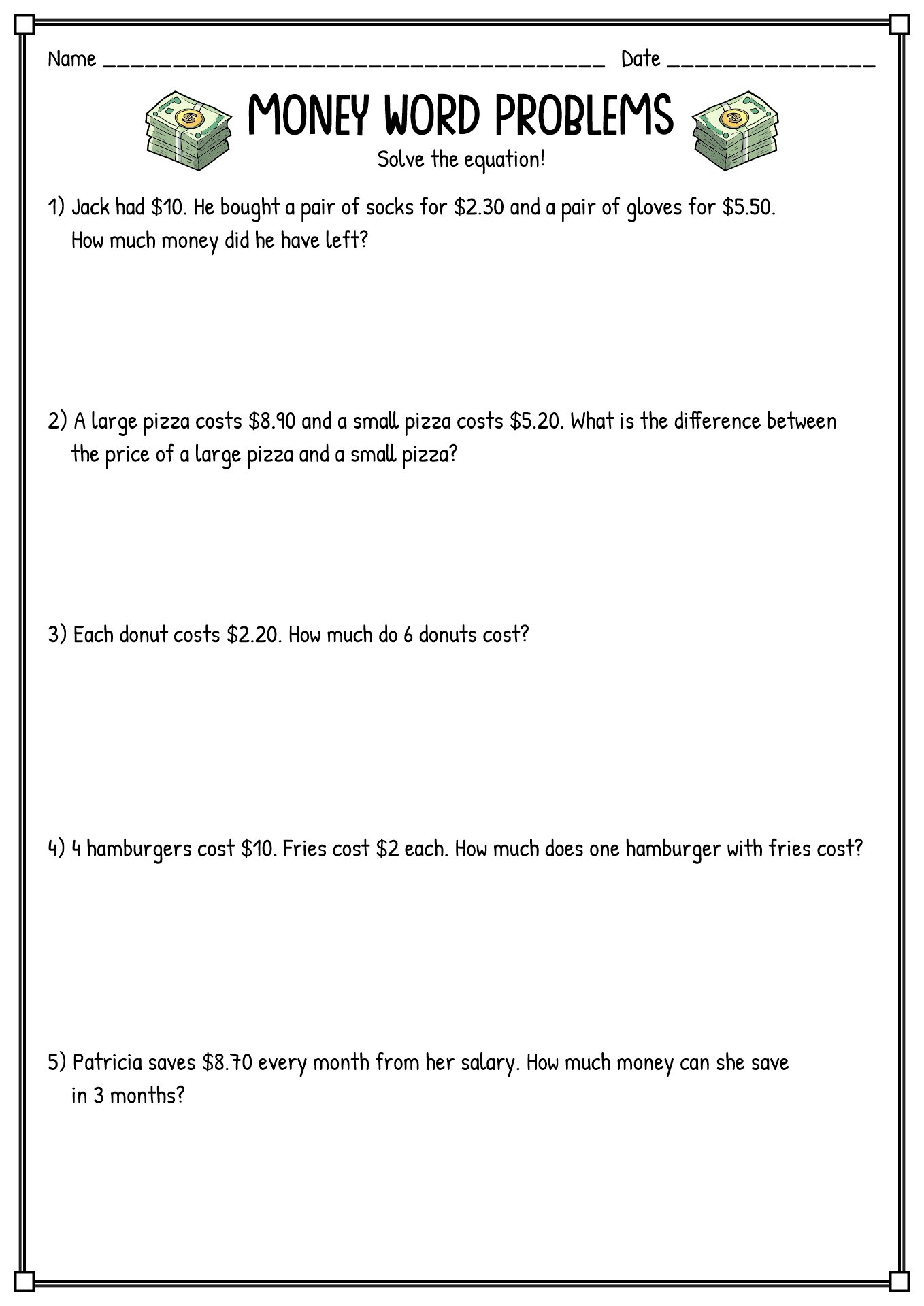 Money Math Word Problems Worksheets Image