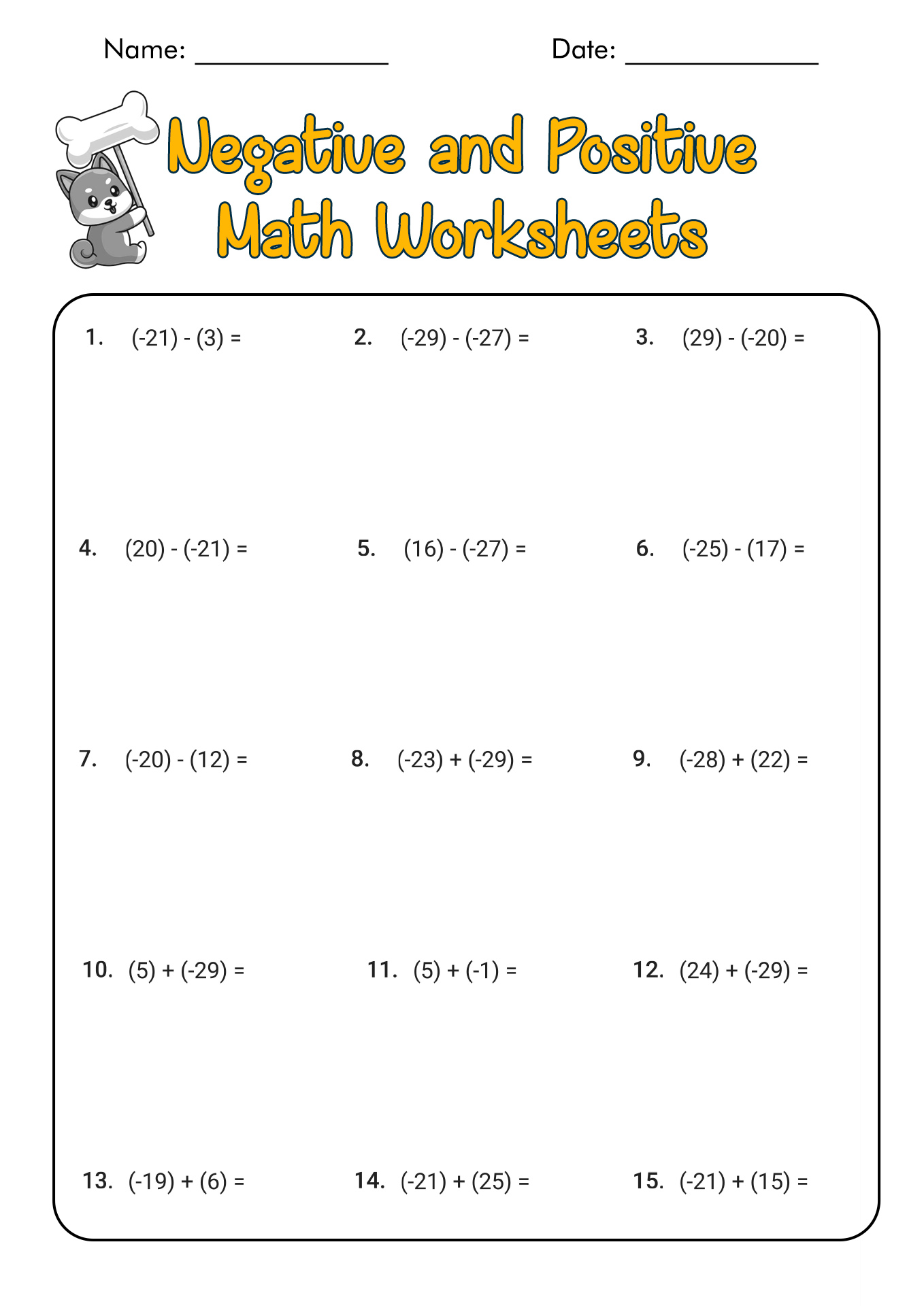 Negative and Positive Math Worksheets