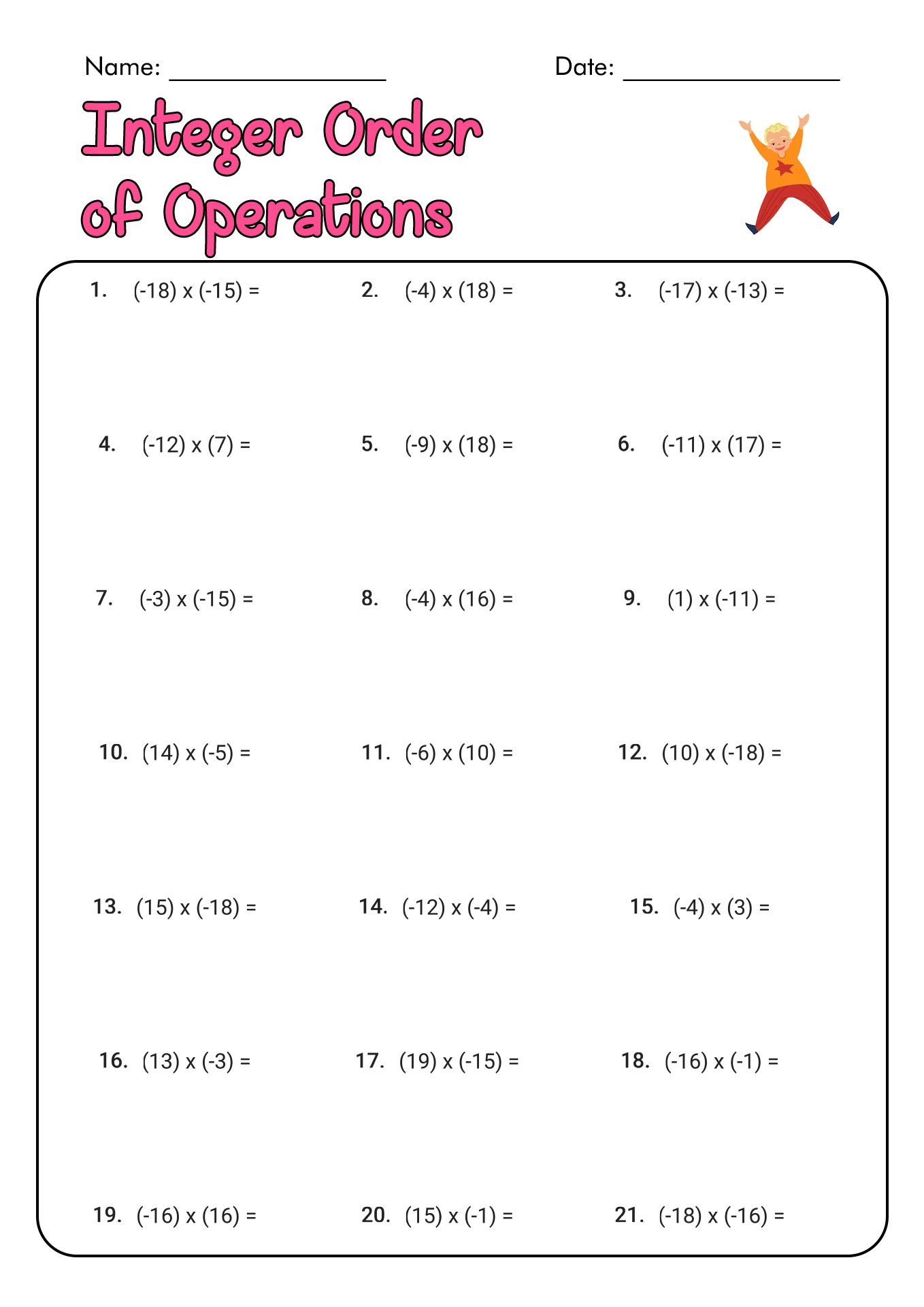 Order of Operations with Integers Worksheet