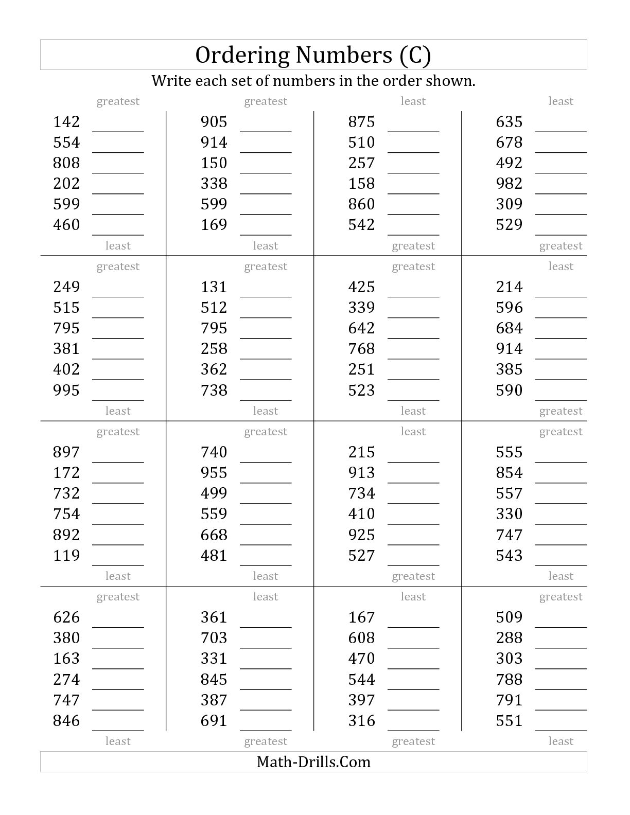 Ordering Numbers Worksheets for 4th Grade Math Image