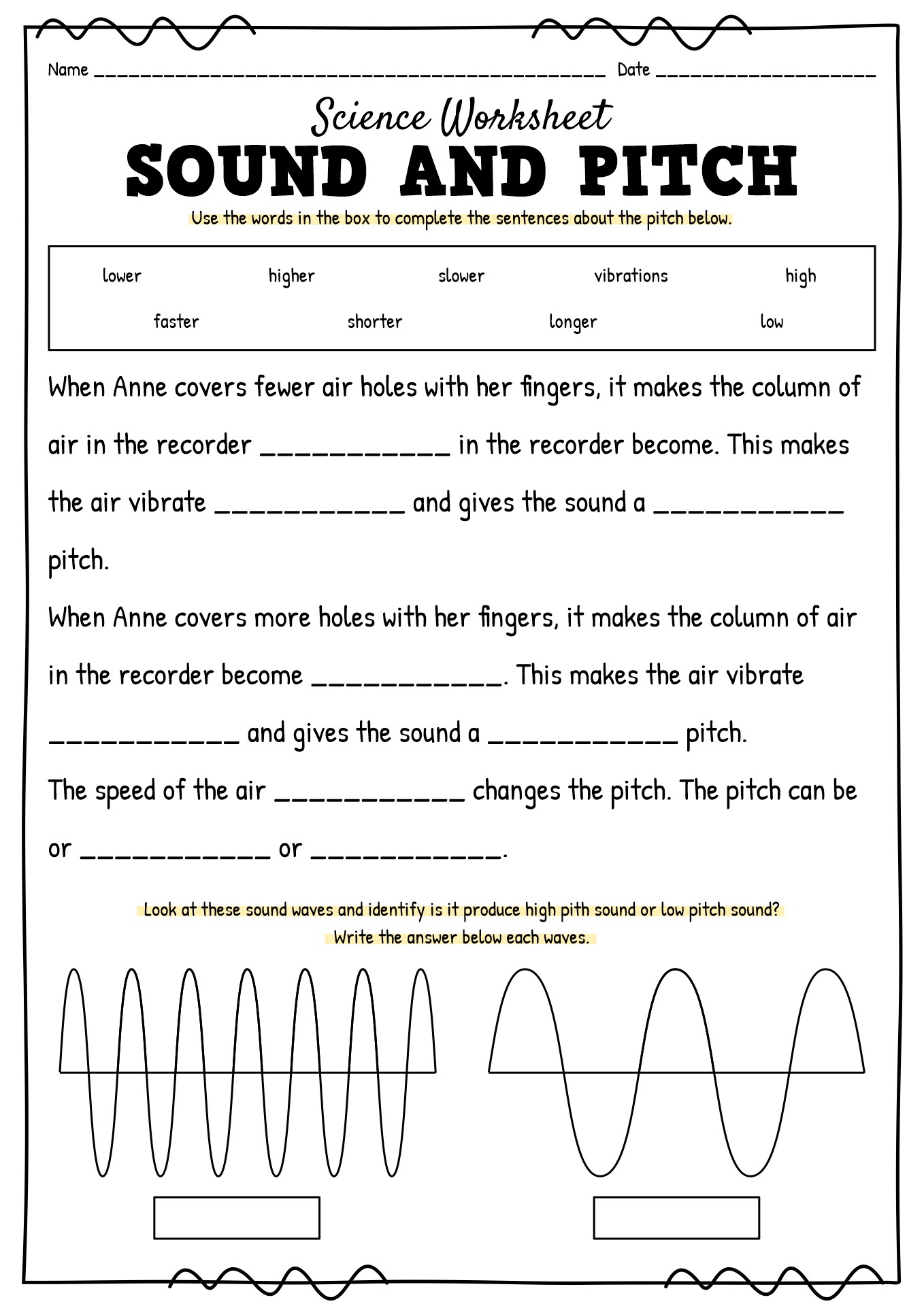 Pitch Sound Science Worksheets