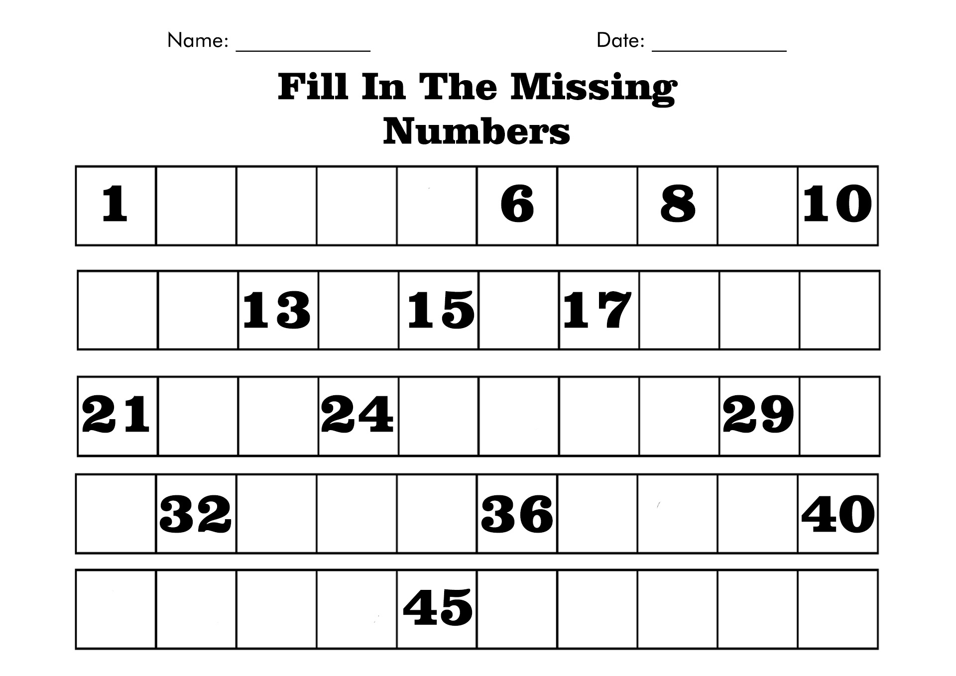 Printable Missing Number Worksheets